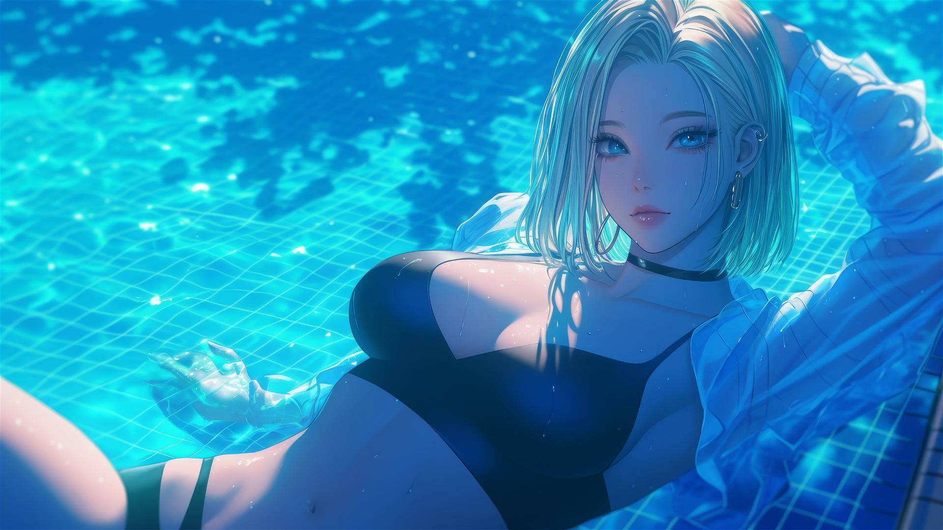 Android 18 from Dragon Ball resting by a rainy swimming pool in moonlight.