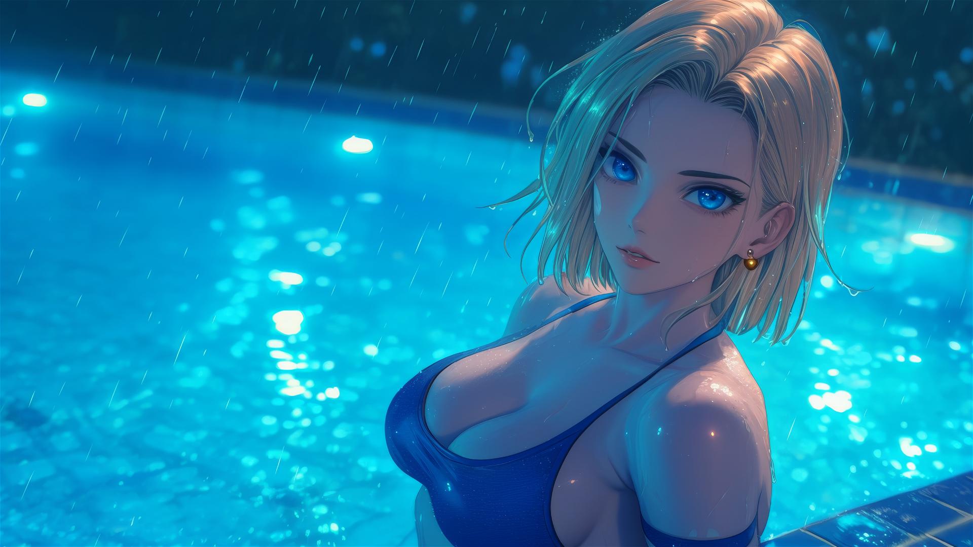 Android 18 resting by a rainy swimming pool