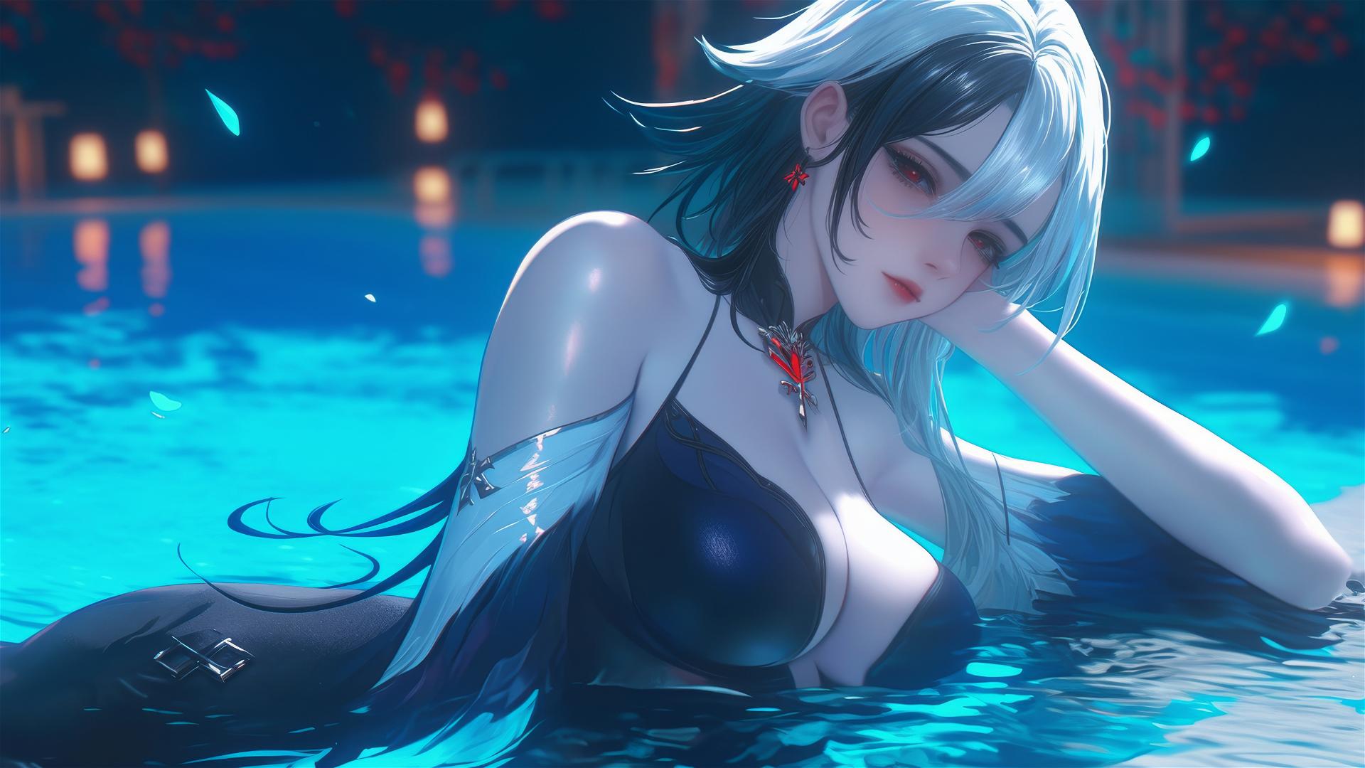 Arlecchino from Genshin Impact with white hair and black streaks, resting by a moonlit pool.
