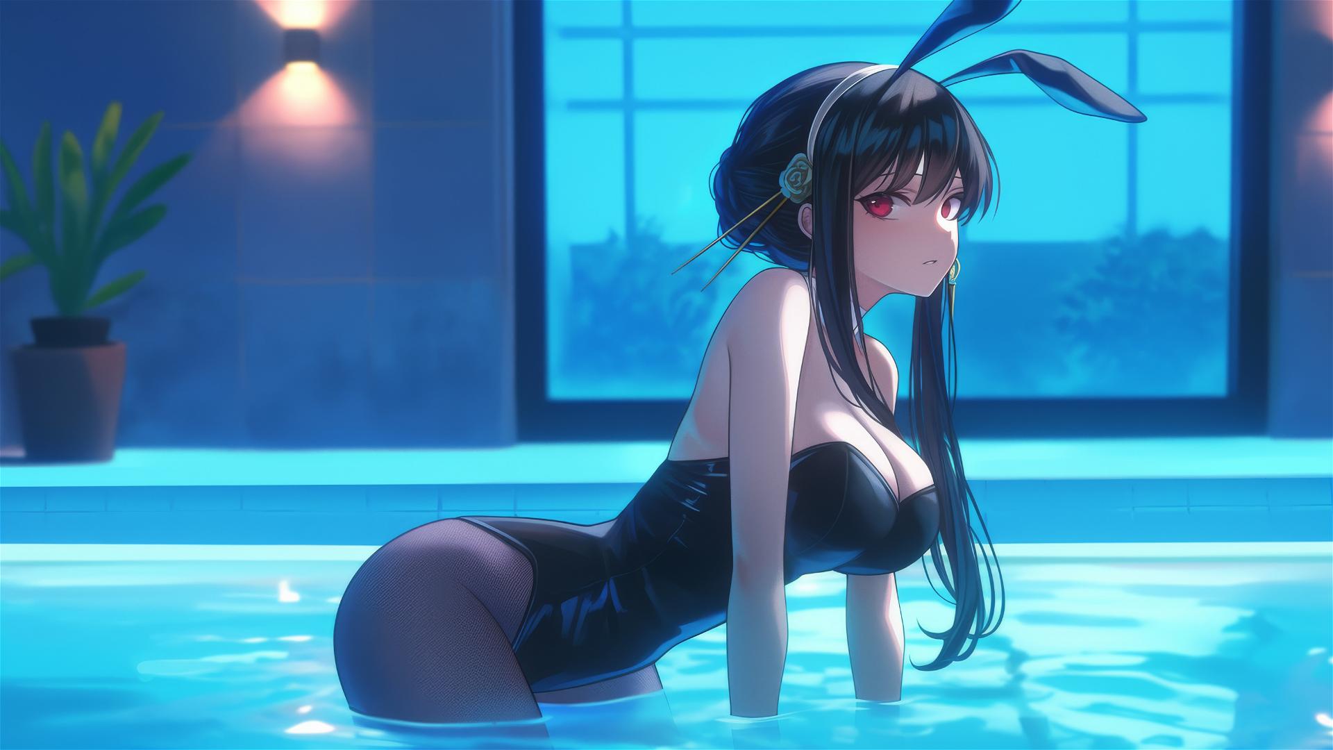Yor Forger in Bunny girl style resting by a pool under moonlight