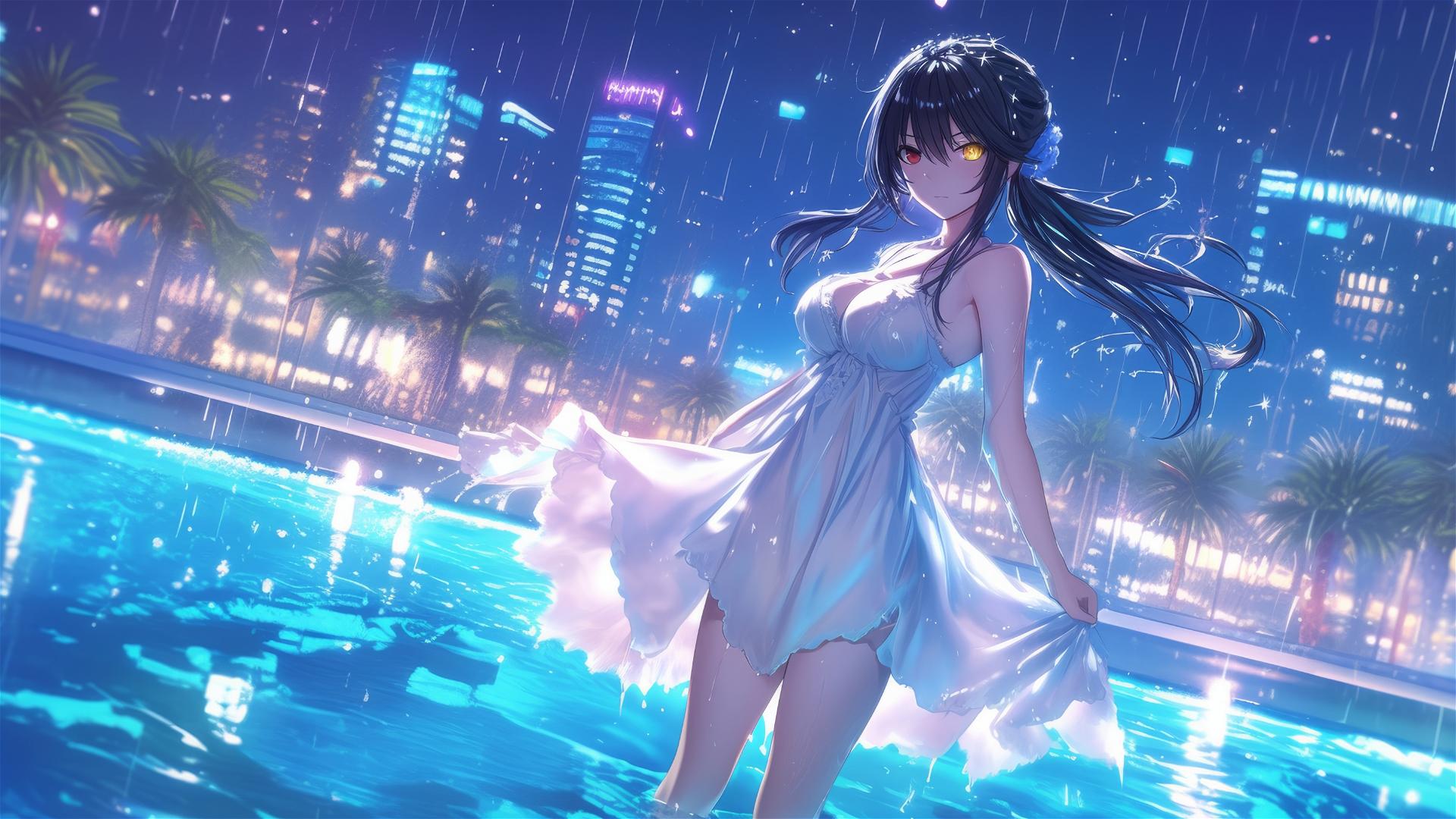 Kurumi Tokisaki stands in a rainy swimming pool, moonlight casting a glow, in pure white dress.