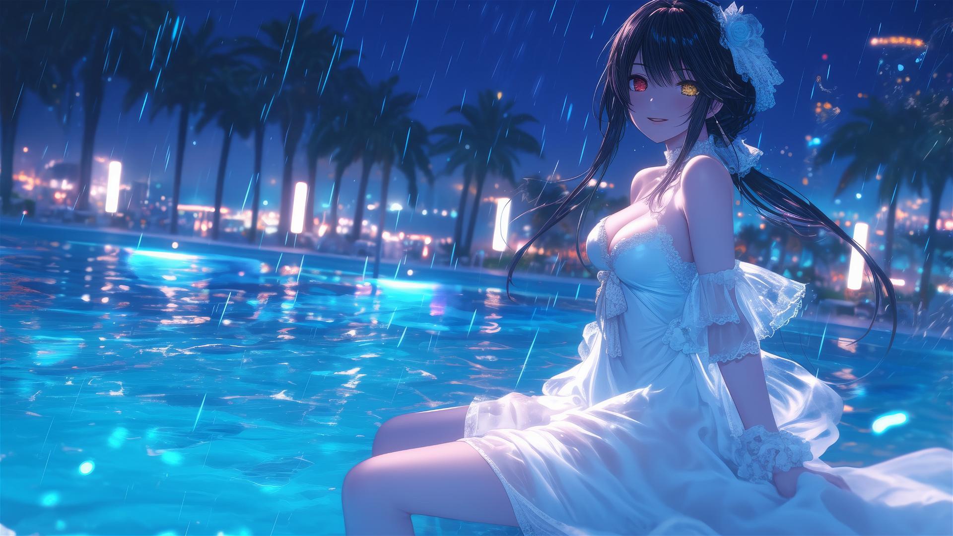 Kurumi Tokisaki from Date A Live standing in a rainy pool under moonlight, wearing white.