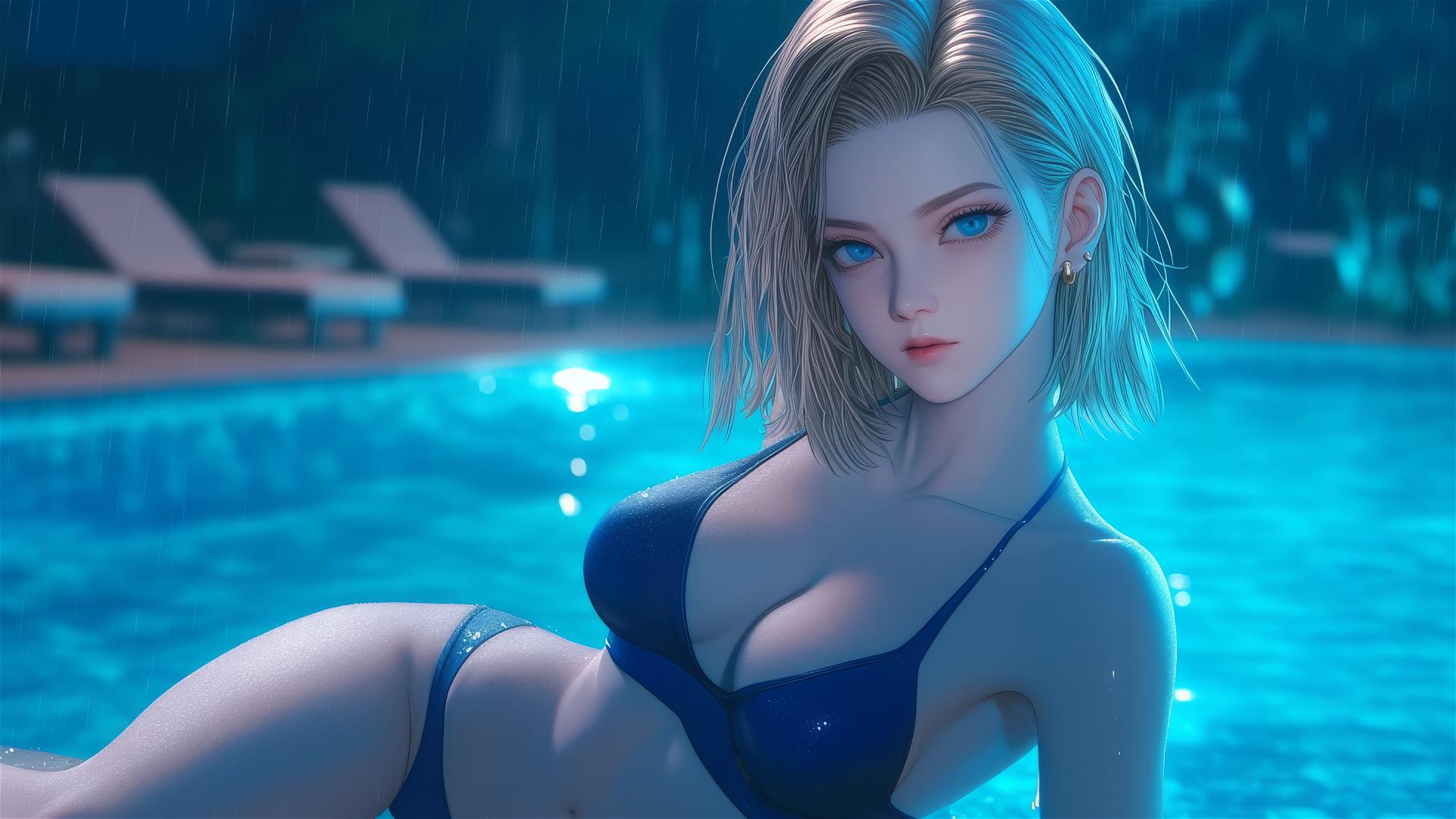 Android 18 resting by a rainy swimming pool under moonlight.