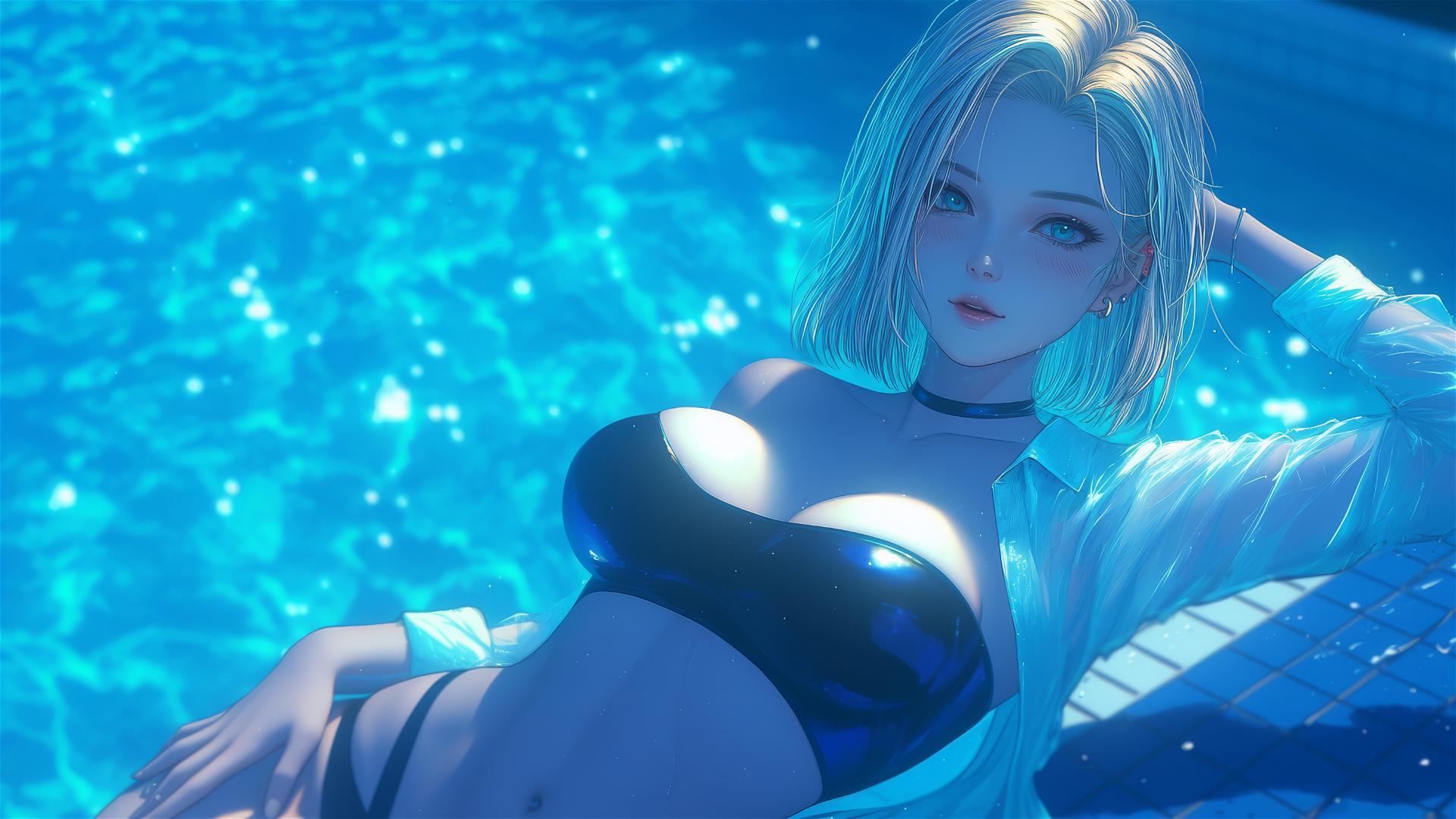 Android 18 from Dragon Ball resting by a rainy swimming pool under moonlight.