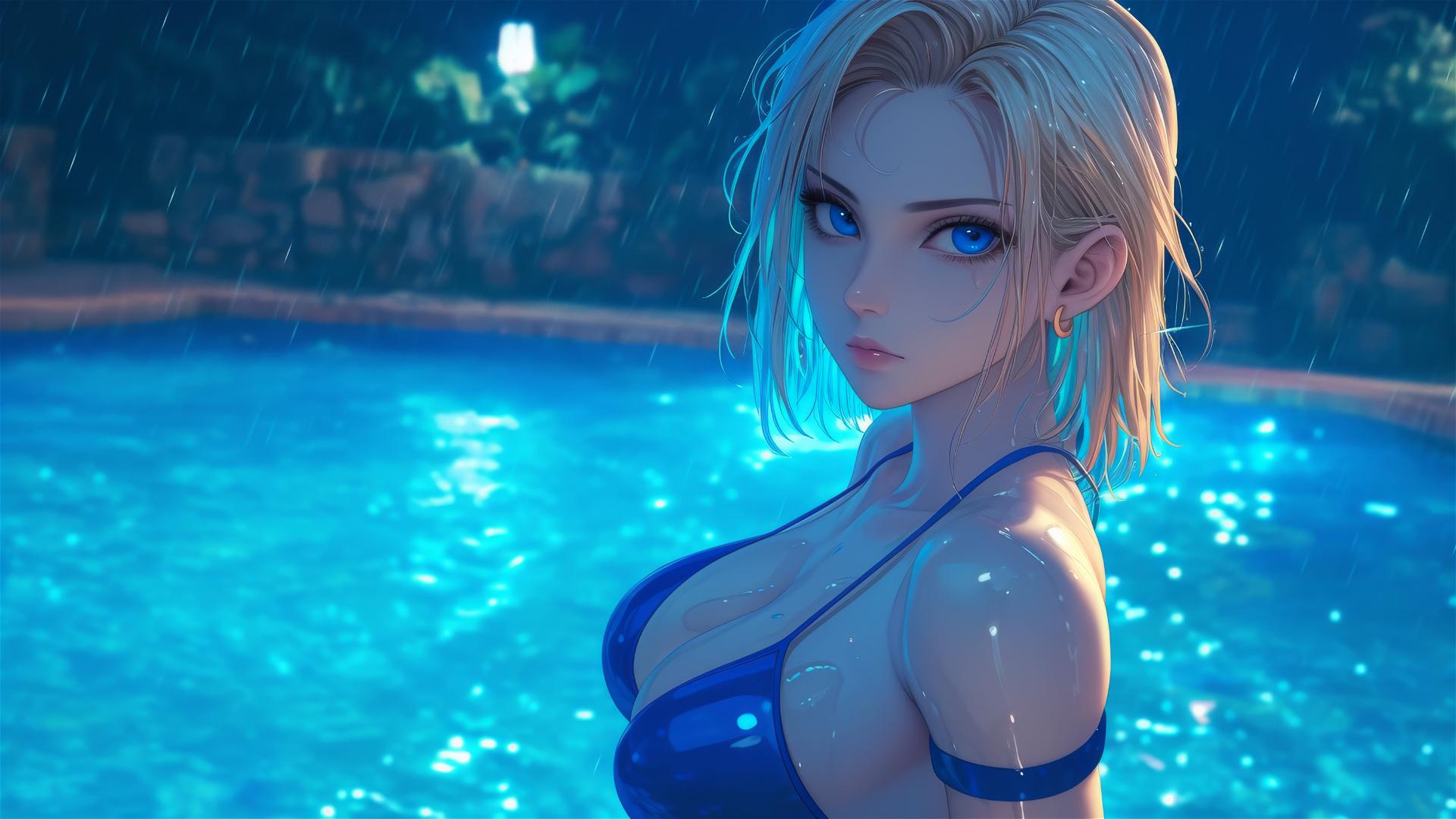 Dragon Ball Android 18 resting by a rainy swimming pool