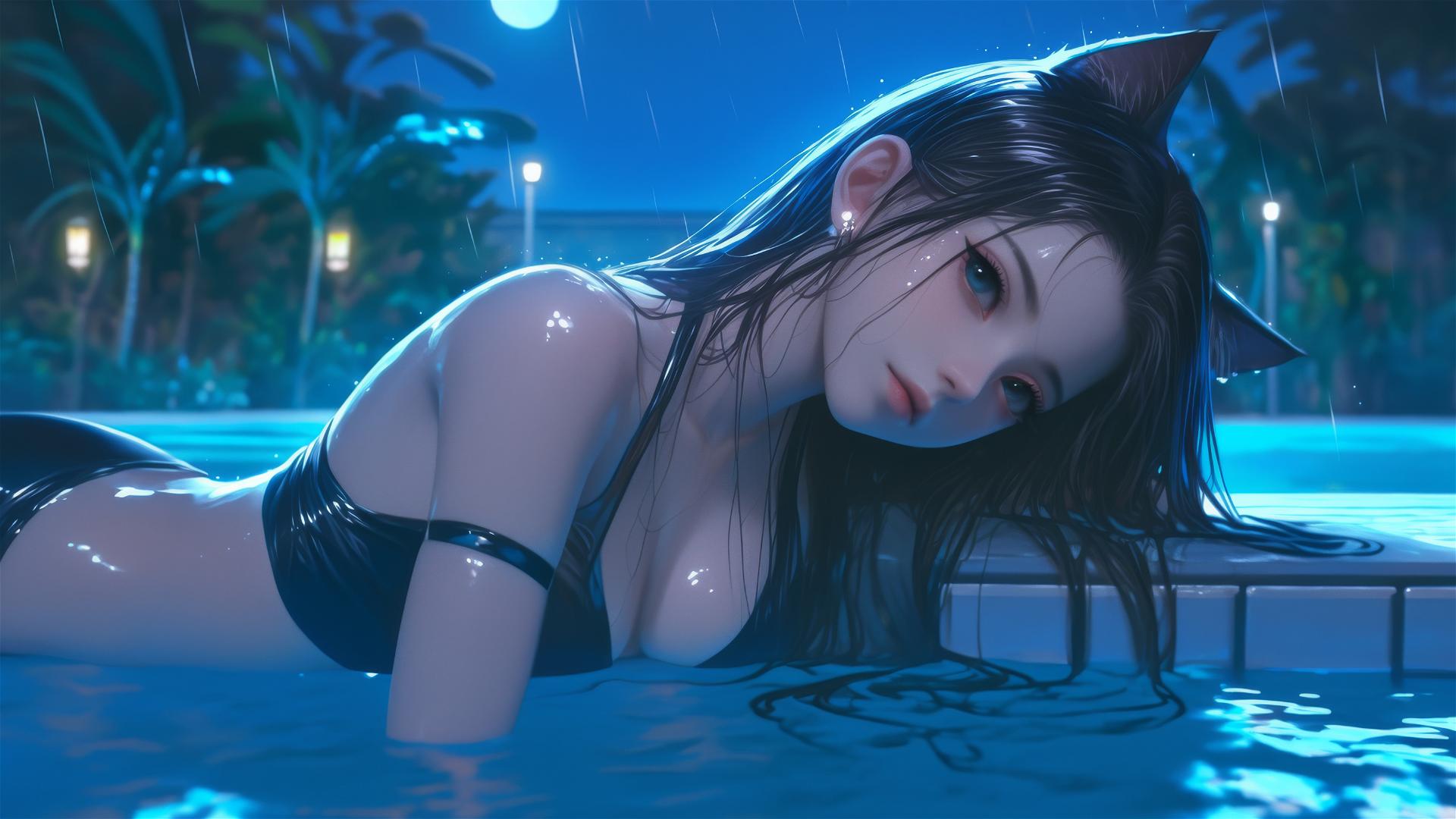 cute cat girl resting by rainy swimming pool under moonlight