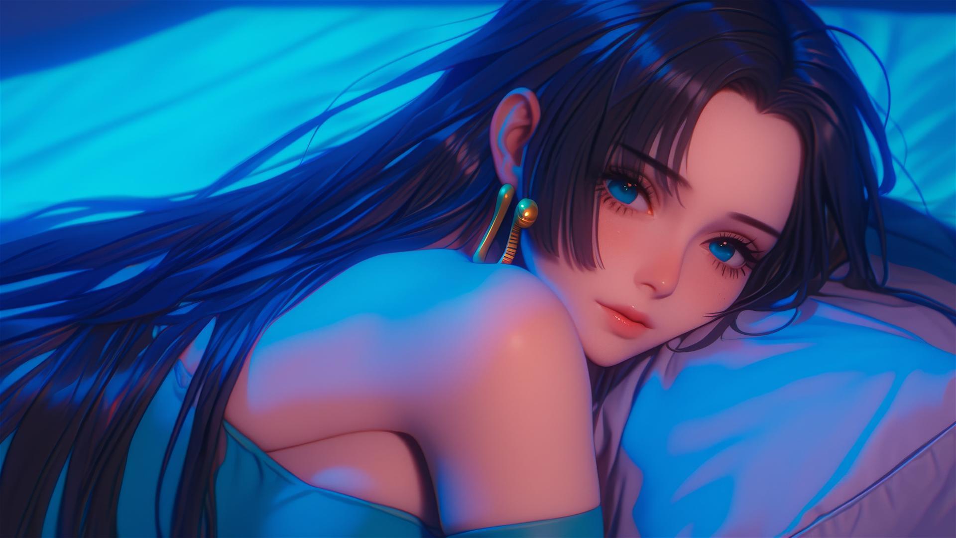 Boa Hancock from One Piece in bed with neon colors and pink background, anime style