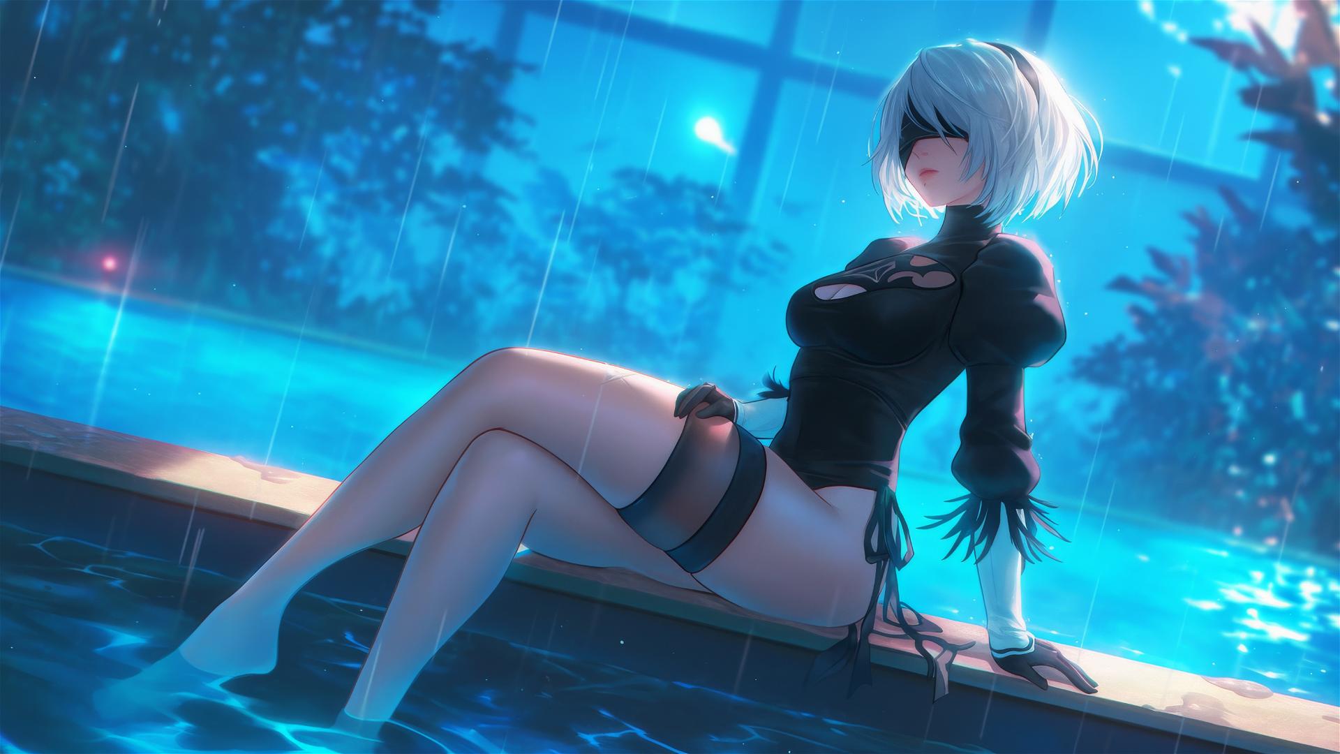 2B from Nier rests by a rainy pool, moonlight glowing on her figure, short hair