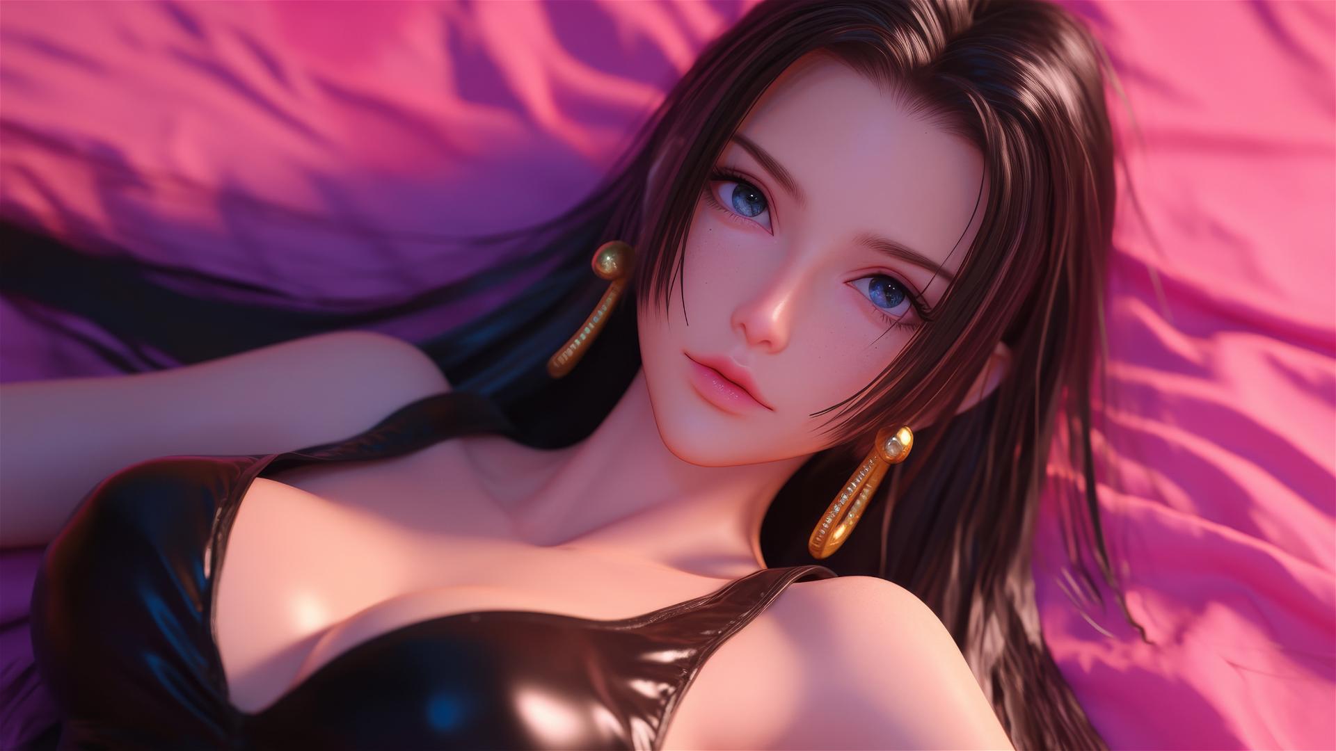High angle of Boa Hancock in bed wearing black and pink leather, neon pink background