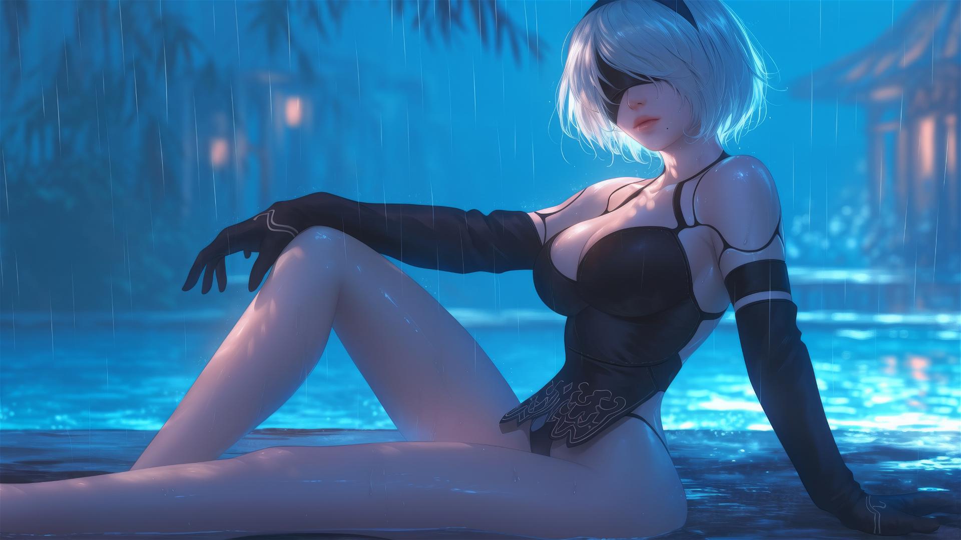 2B from Nier sitting by rainy swimming pool, moonlight glow, short hair