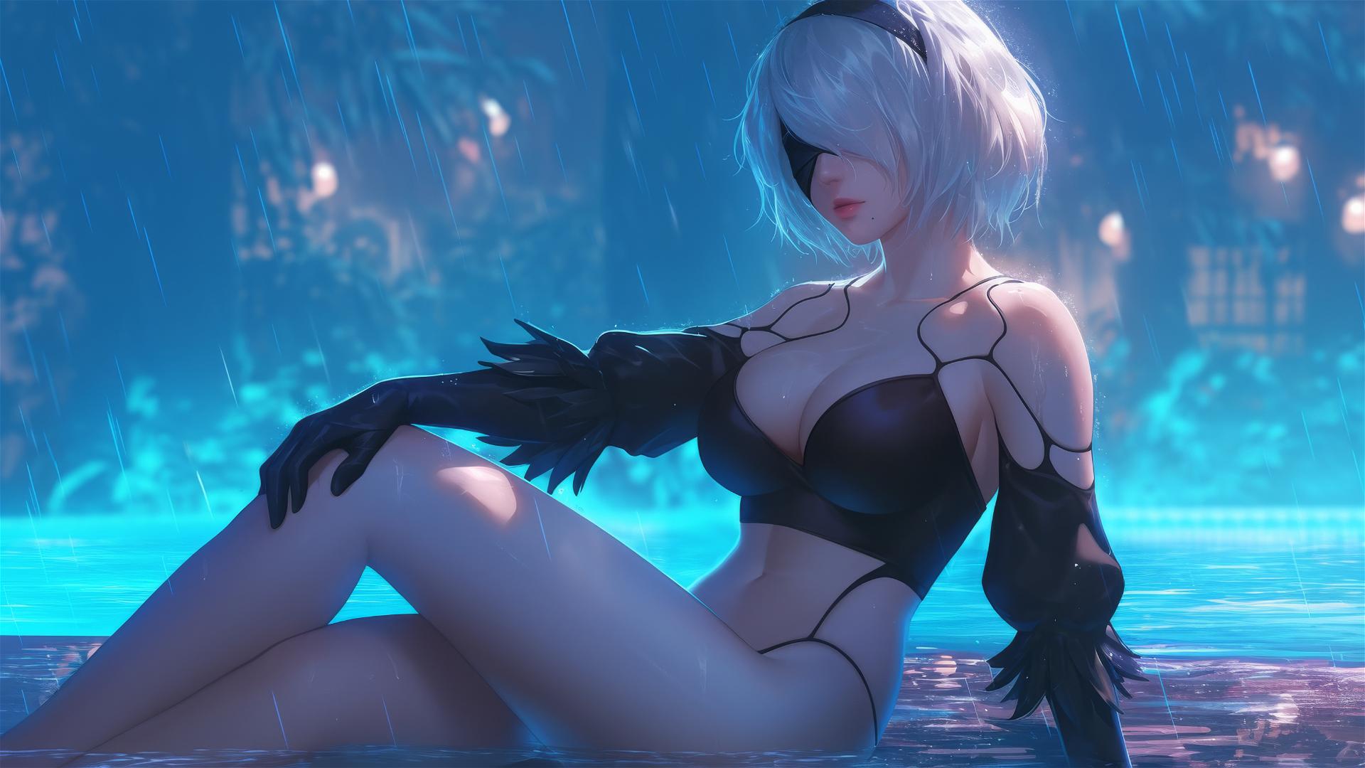 2B from Nier sitting by a rainy swimming pool with moonlight glow
