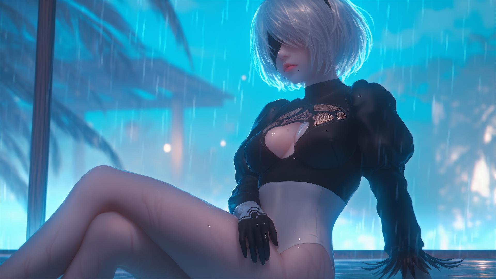 2B from Nier sitting near a rainy pool illuminated by moonlight.