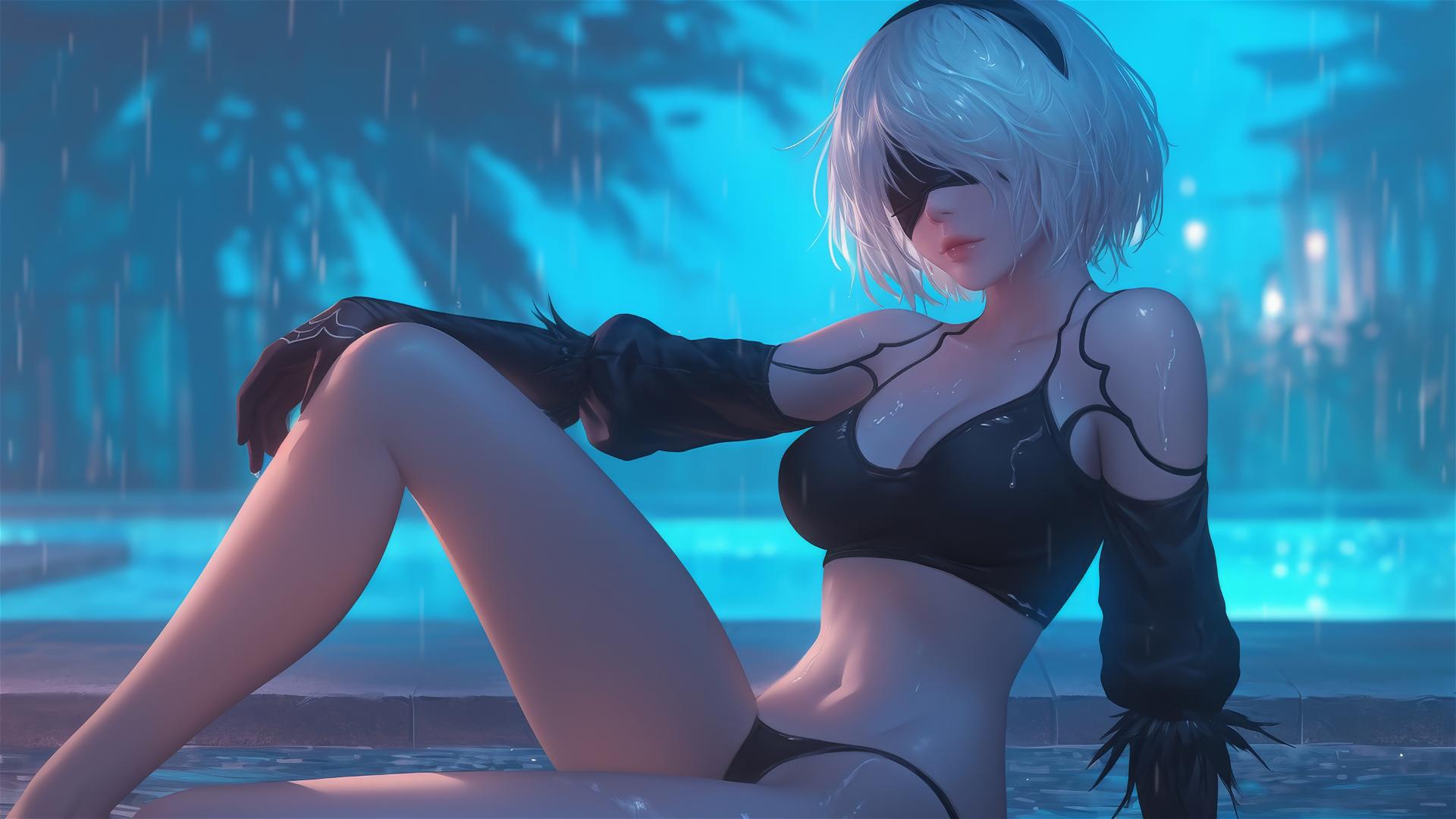 2B from Nier sitting by a rainy swimming pool in moonlight