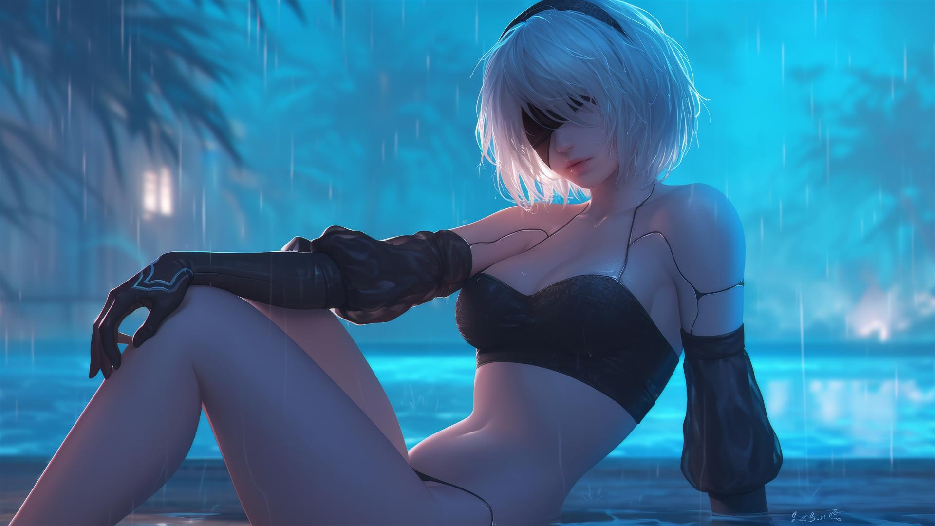 2B from Nier sitting by a rainy swimming pool with moonlight glow