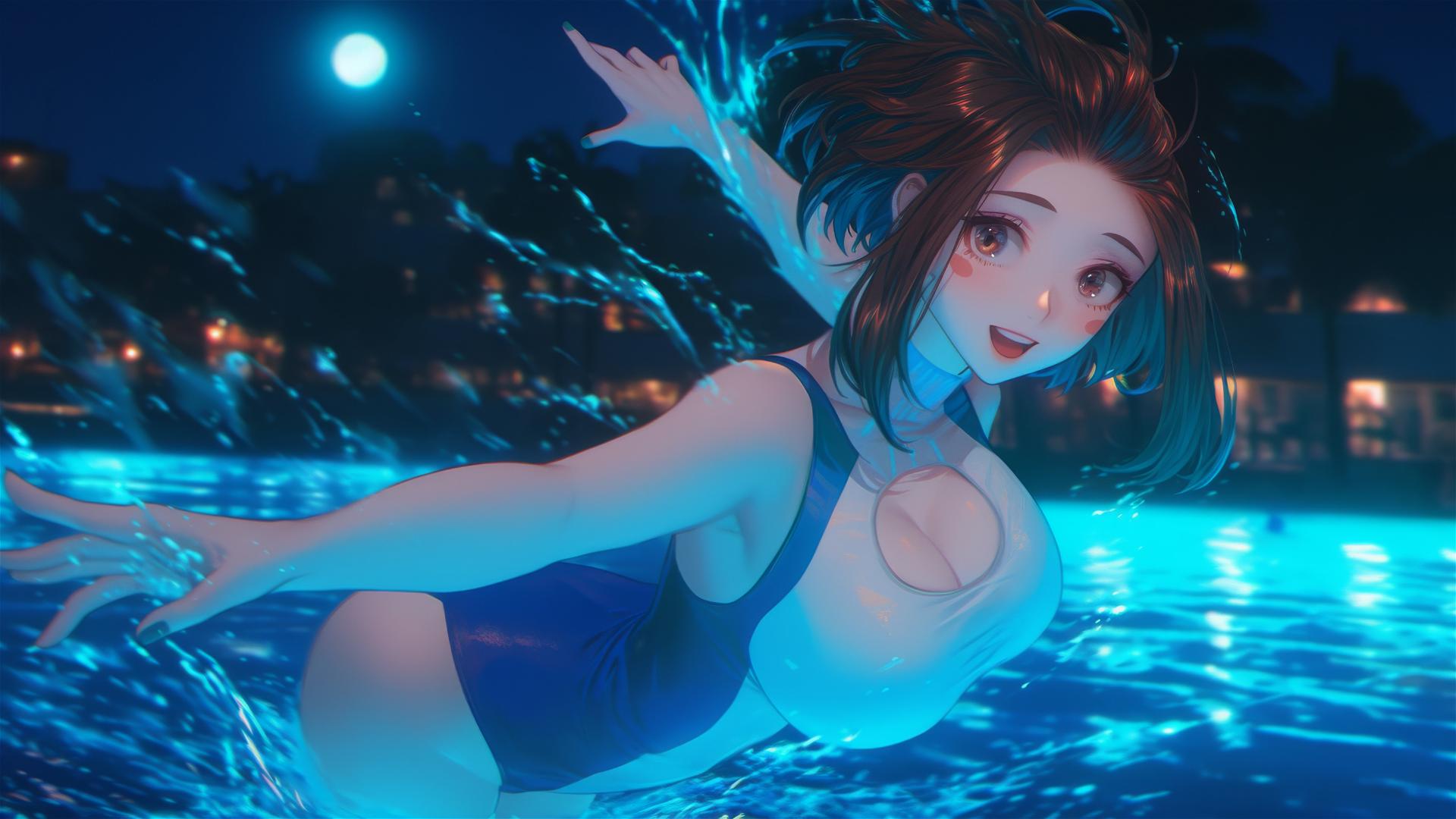 Ochaco Uraraka in moonlit pool scene, auburn hair and eyes, pink blush