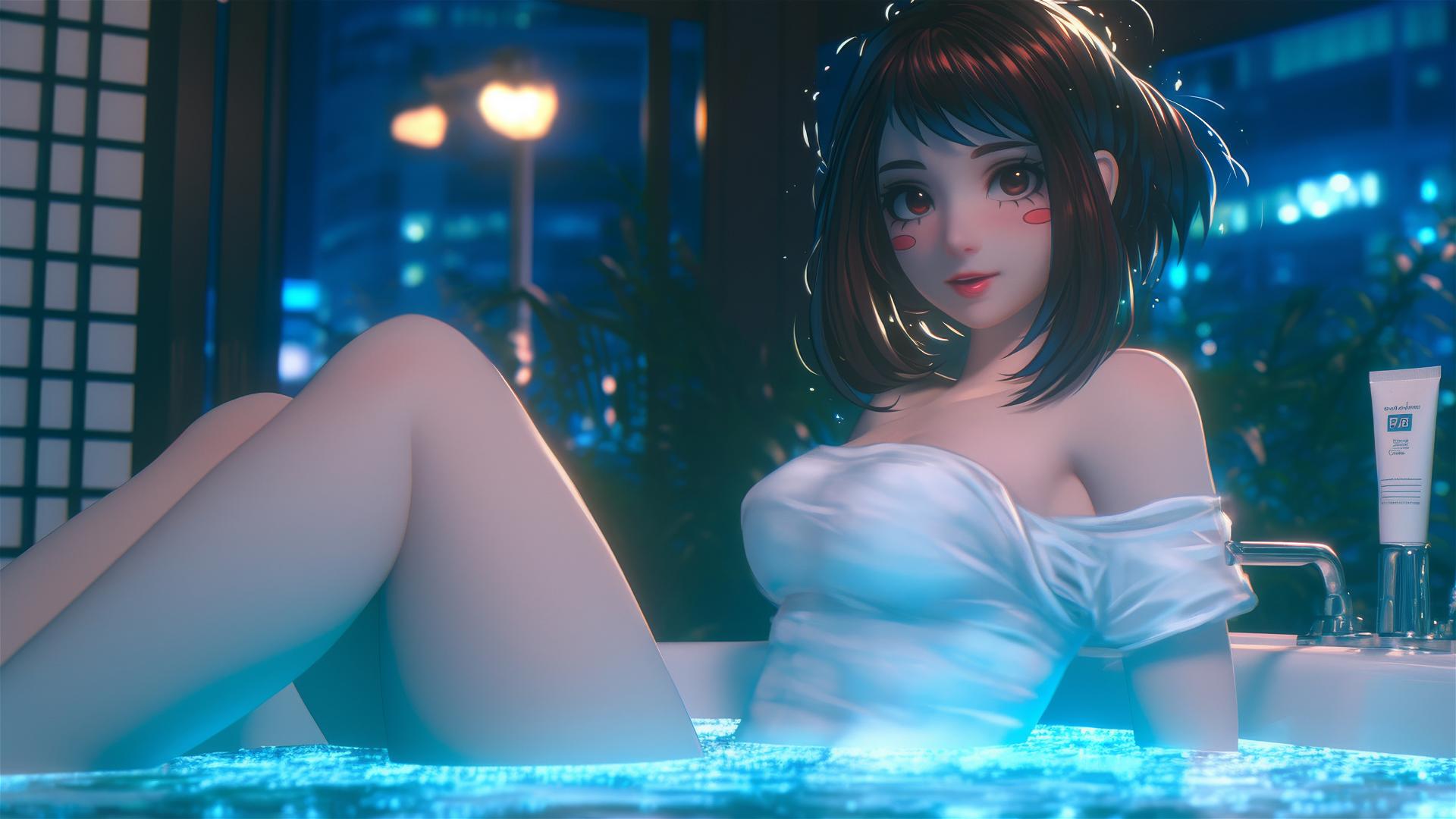 Ochaco Uraraka resting in a tub with warm light casting a glow.