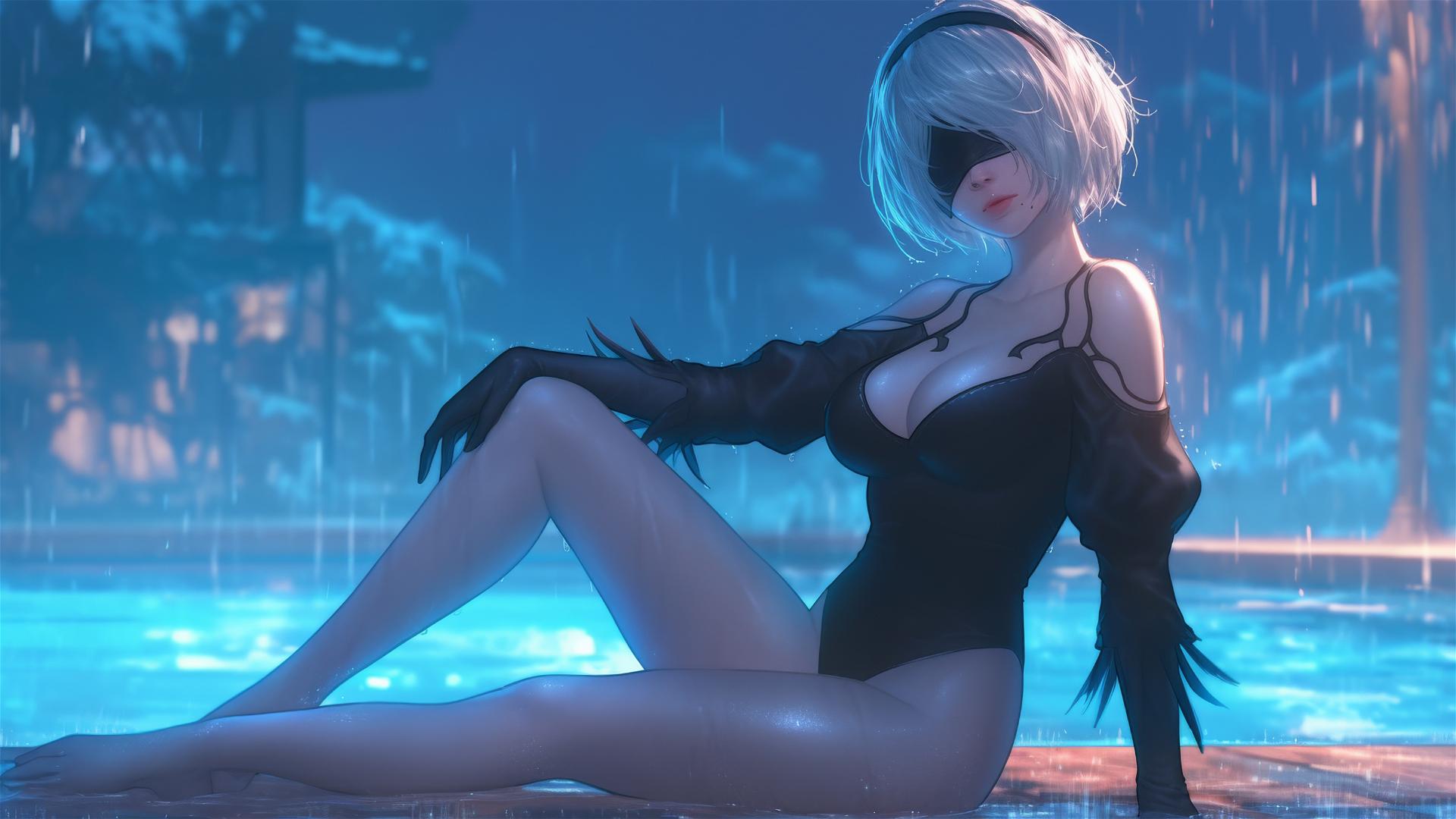 2B from Nier resting at a rainy pool under moonlight