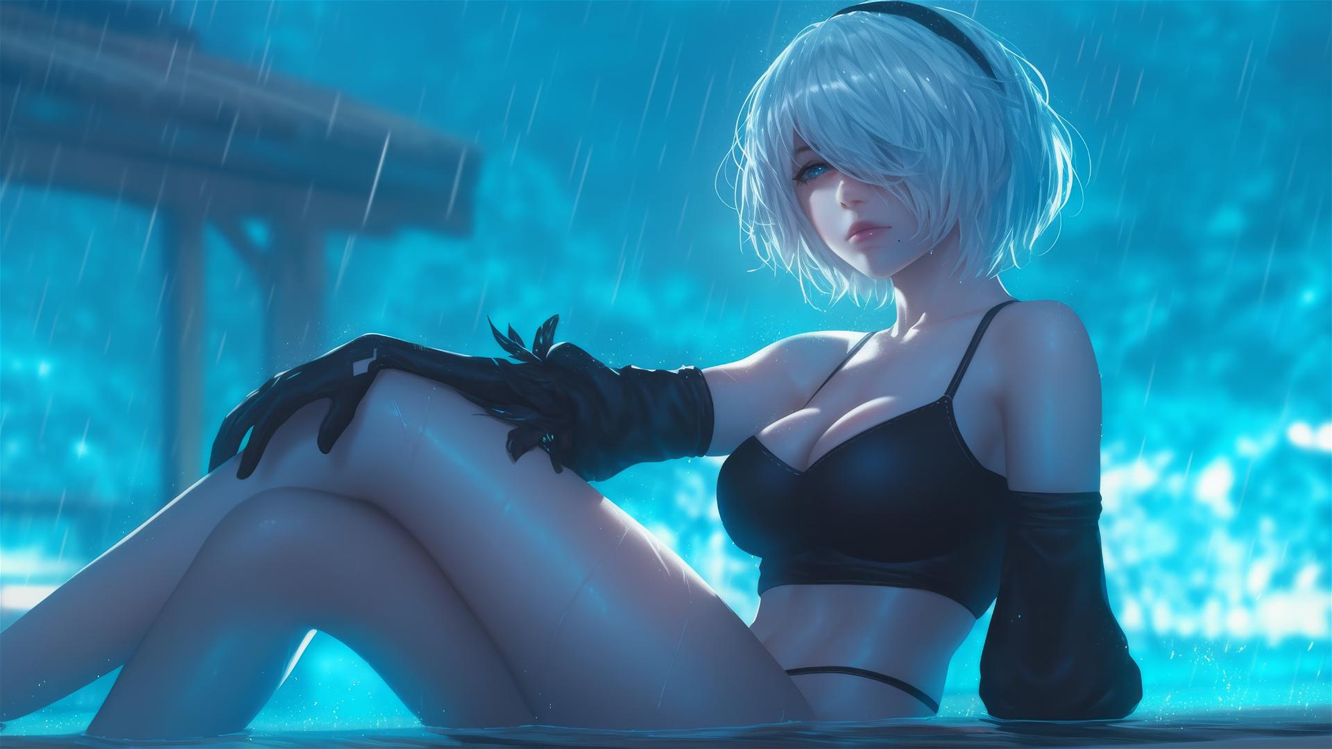 2B from Nier, resting at a rainy swimming pool with moonlight glow.