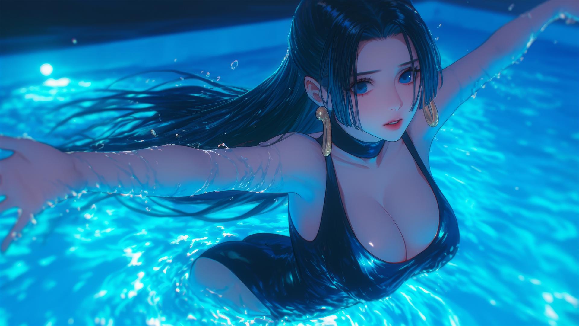 Boa Hancock from One Piece jumps out of a swimming pool under moonlight.