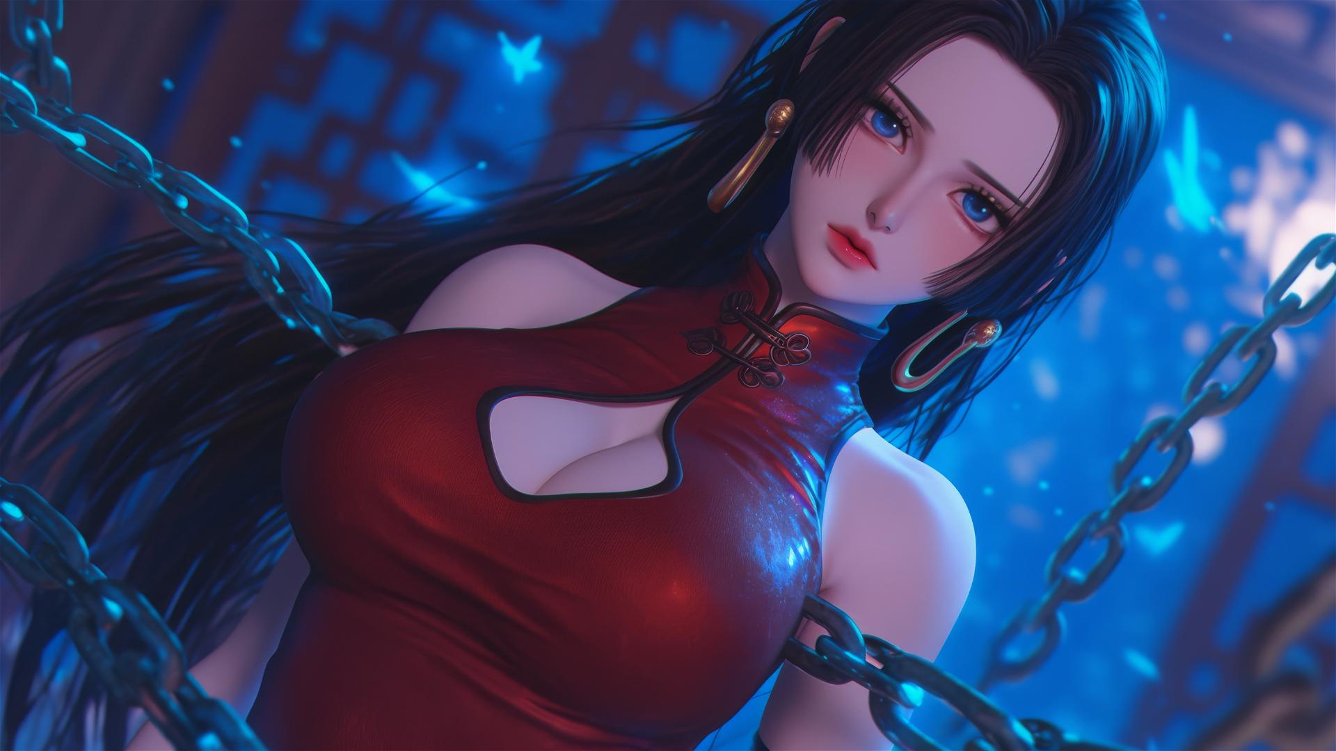 Boa Hancock from One Piece in a Christmas costume, chained in a modern hotel room with neon pink light