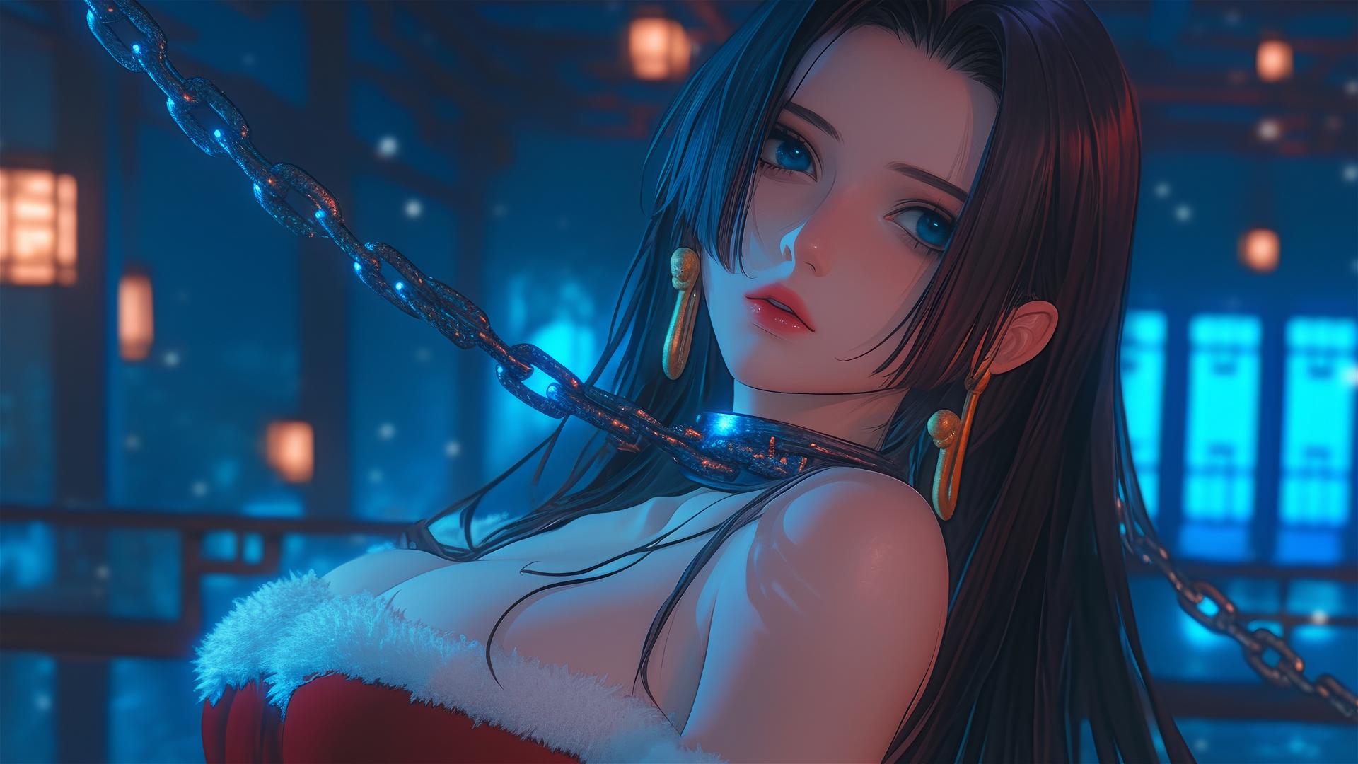 Boa Hancock in Christmas attire chained in a neon-lit hotel room
