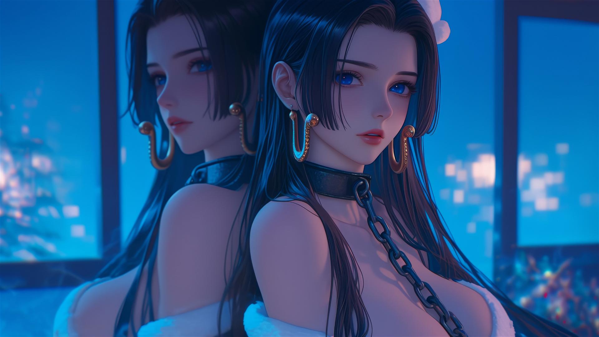 Boa Hancock from One Piece in a Christmas costume, chained in a modern hotel room with neon lights.