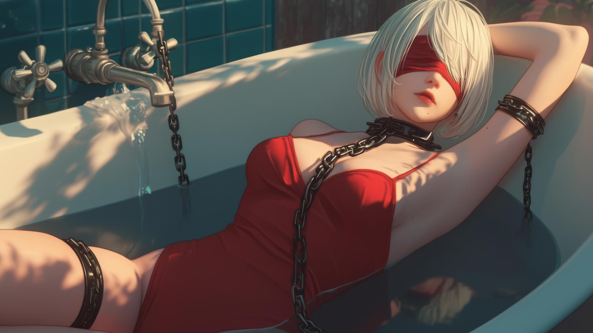 2B from Nier in a modern apartment tub with iron chains around her neck