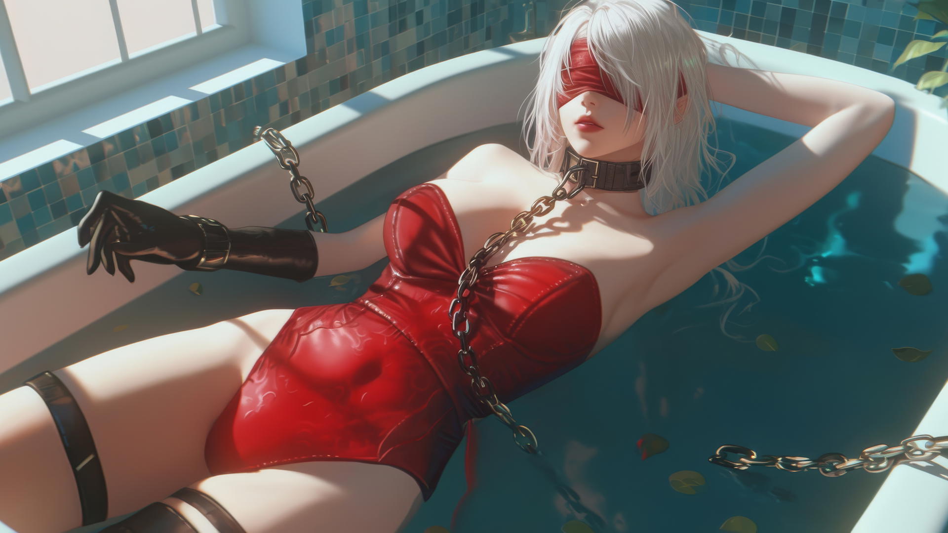 2B from Nier in red with iron neck chains, blindfolded, in a modern apartment tub.