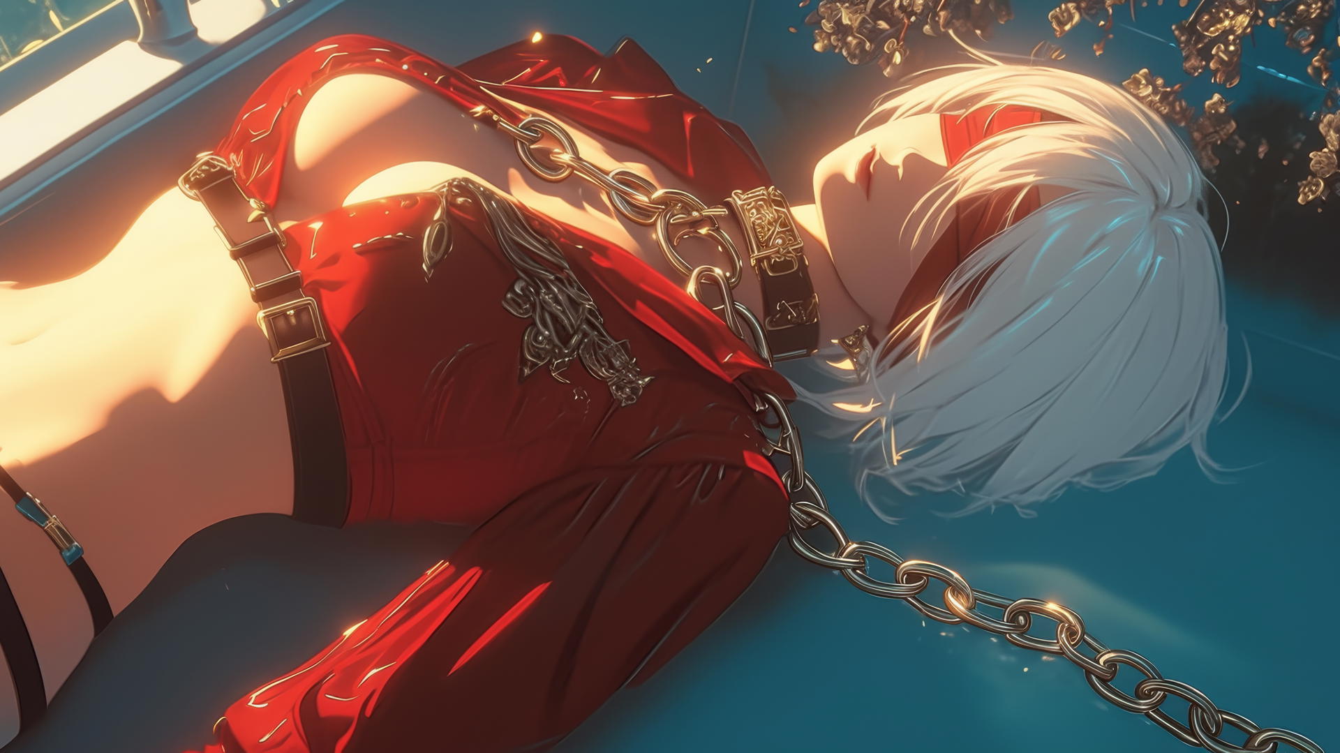 2B from Nier with iron chains on neck, in red, in modern apartment