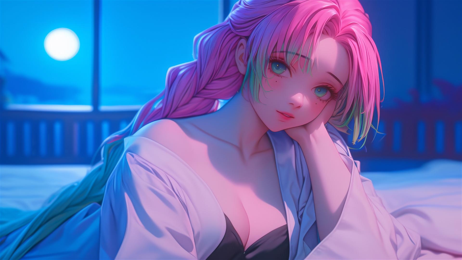 Mitsuri Kanroji resting in a modern hotel room with moonlight casting a soft glow
