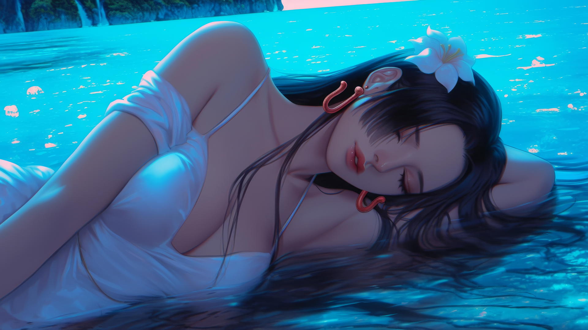 Boa Hancock from One Piece resting at beach, bathed in warm light