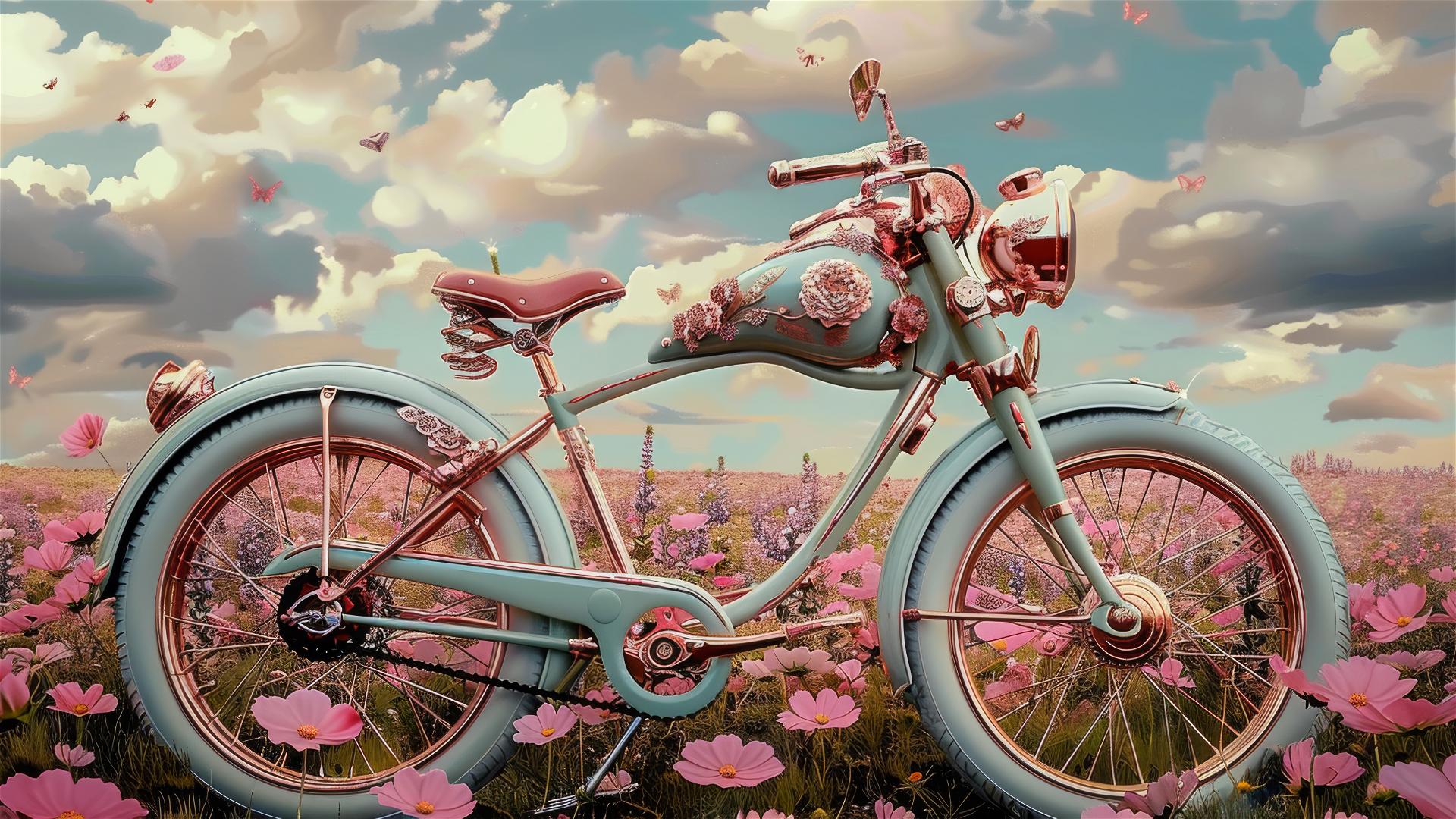 Bicycle adorned with flowers in a colorful meadow