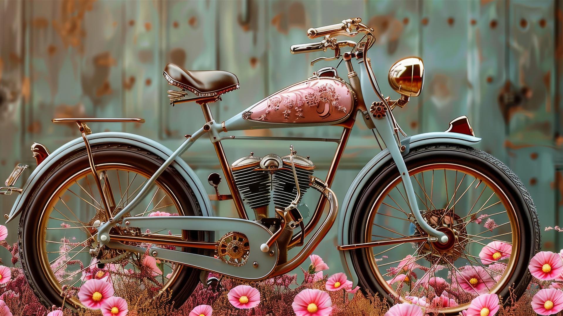 Bicycle with flowers in meadow with red and pink flowers.