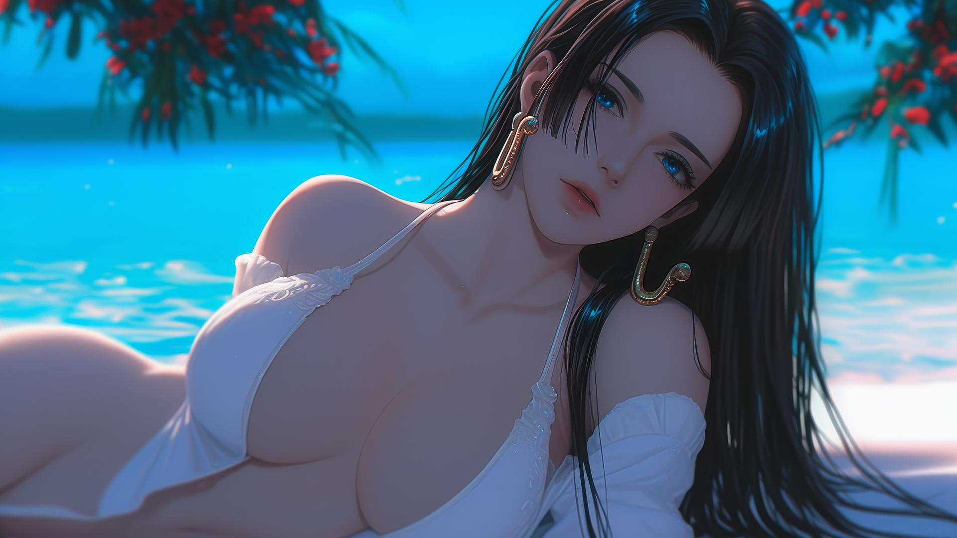 Boa Hancock from One Piece resting at beach with warm light glow