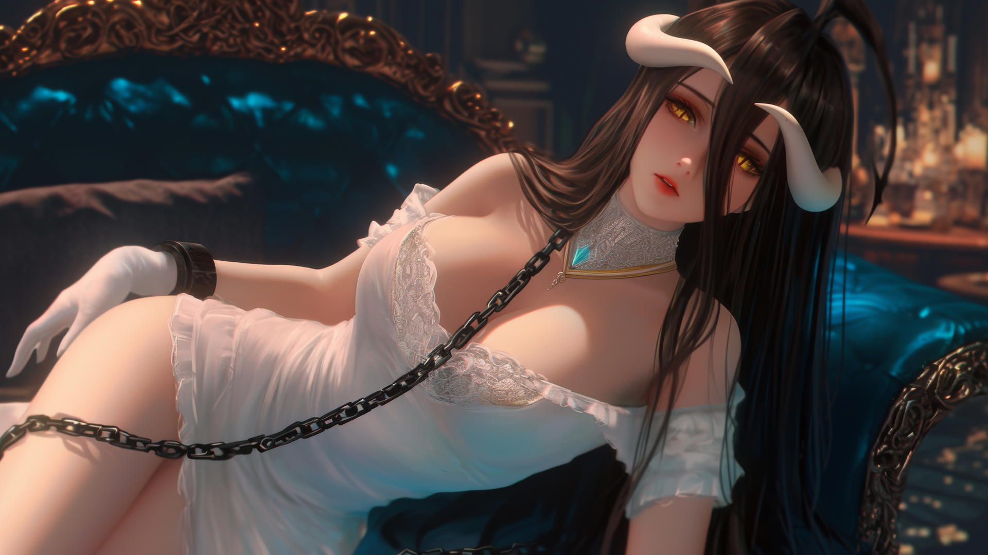 Albedo from Overlord bound by iron chains in a modern hotel room, with warm light and a focus on her thighs.