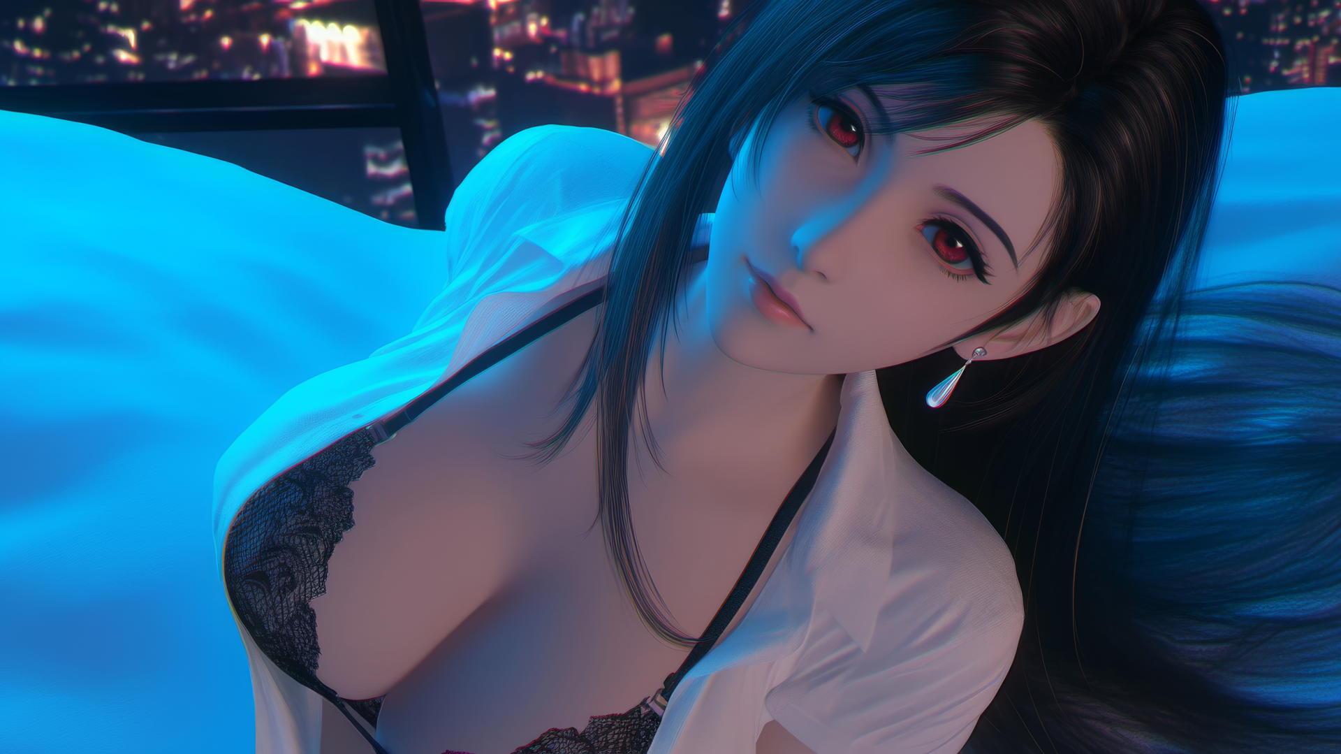 Tifa Lockhart kneeling in a modern hotel room with neon lighting