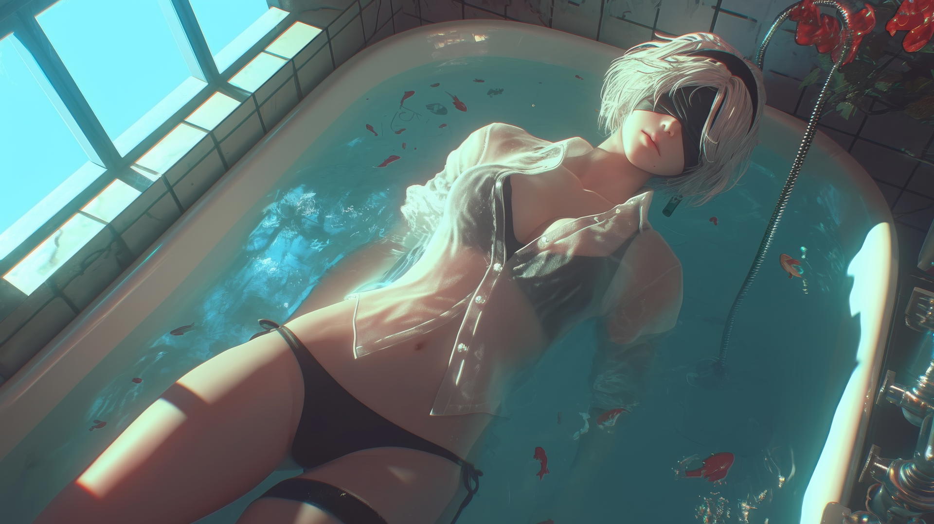 2B from Nier in a white office shirt, blindfolded, looking up in neon-lit hotel room