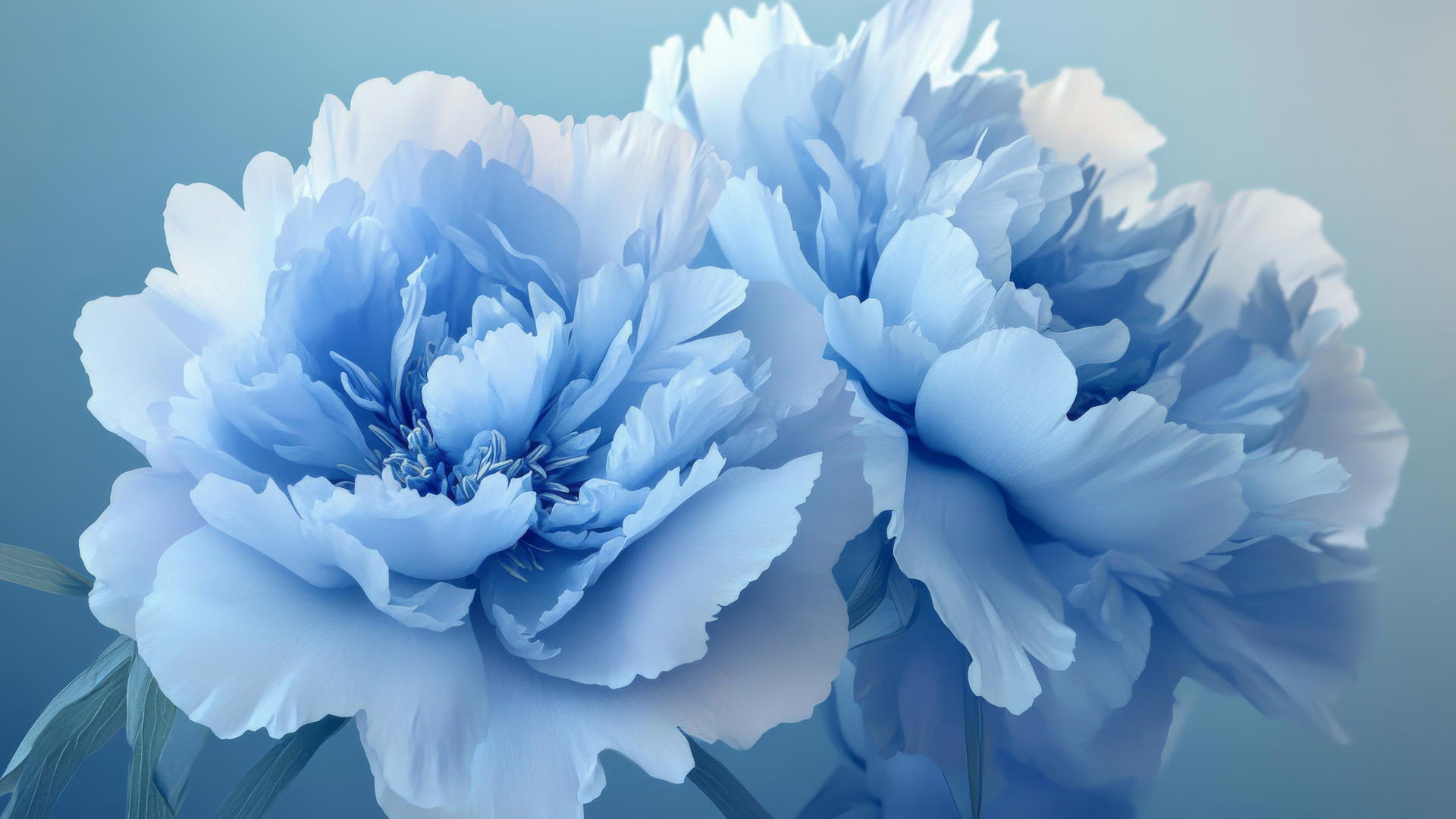 blue floral wallpaper with lush blue peonies in full bloom against a muted blue backdrop