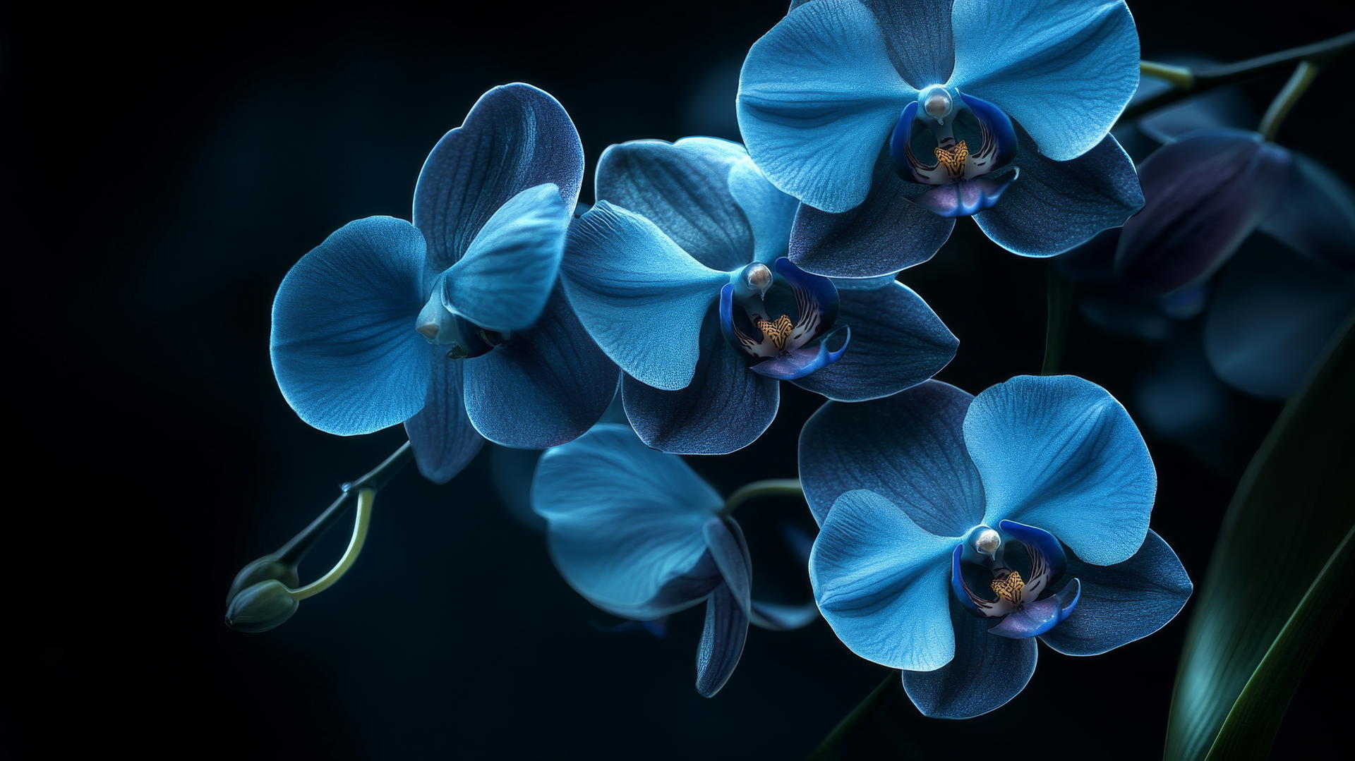 blue flower wallpaper with midnight blue orchids on a dark background