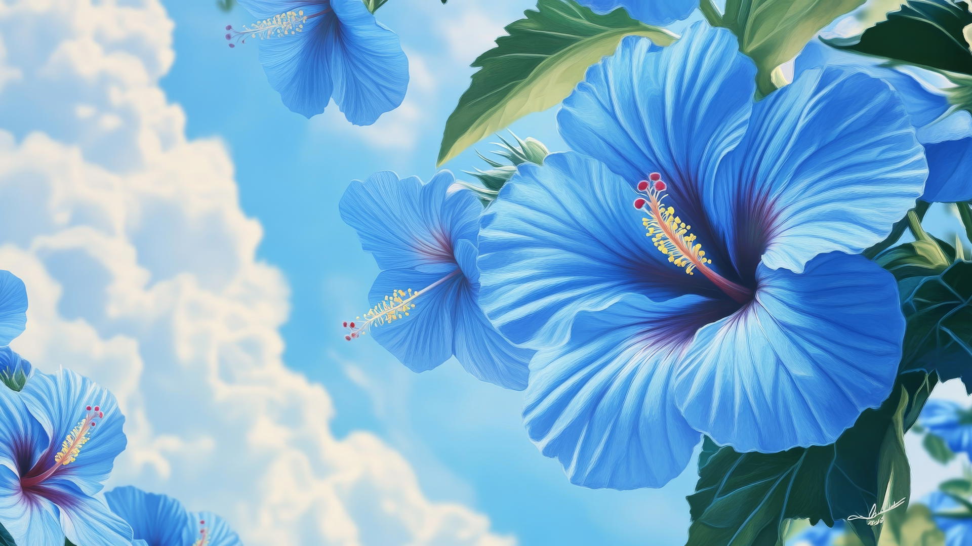 blue flower wallpaper with vibrant blue hibiscus flowers and green leaves