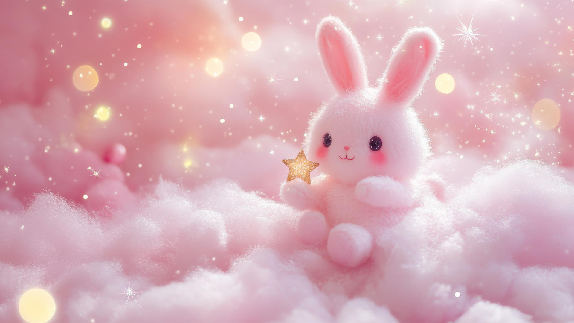 Cute pink wallpaper: kawaii bunny holding tiny star on fluffy cloud with sparkles.