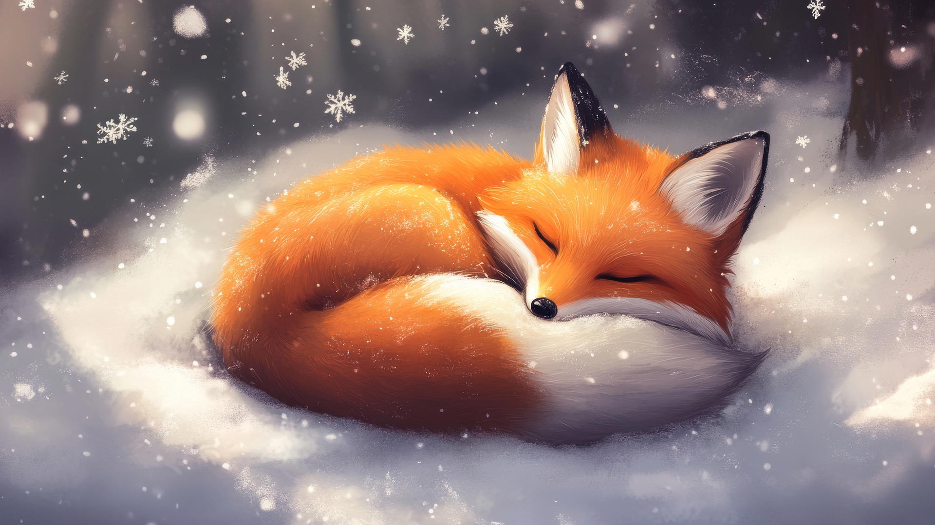Cute winter wallpaper of a sleepy fox curled up in snow with snowflakes on fur.