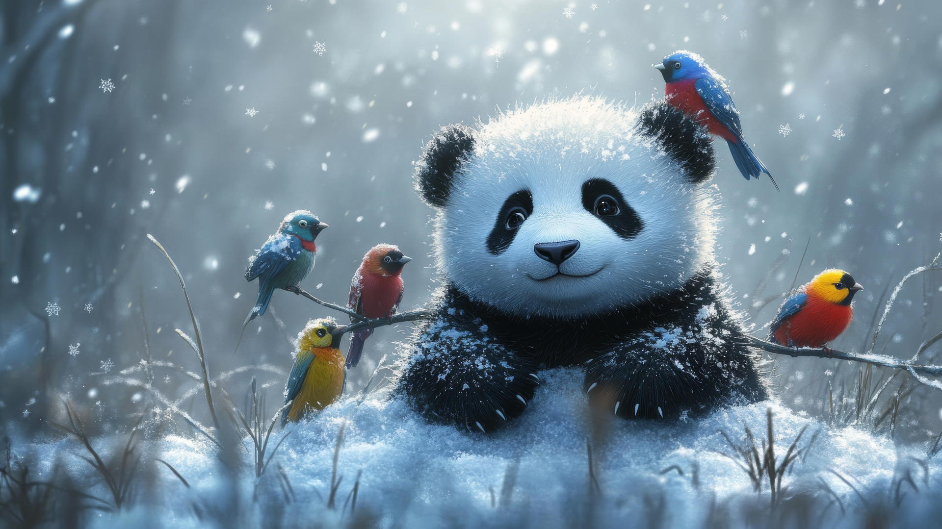 A baby panda in a snowy field with colorful birds on its back, surrounded by falling snowflakes; cute winter wallpaper