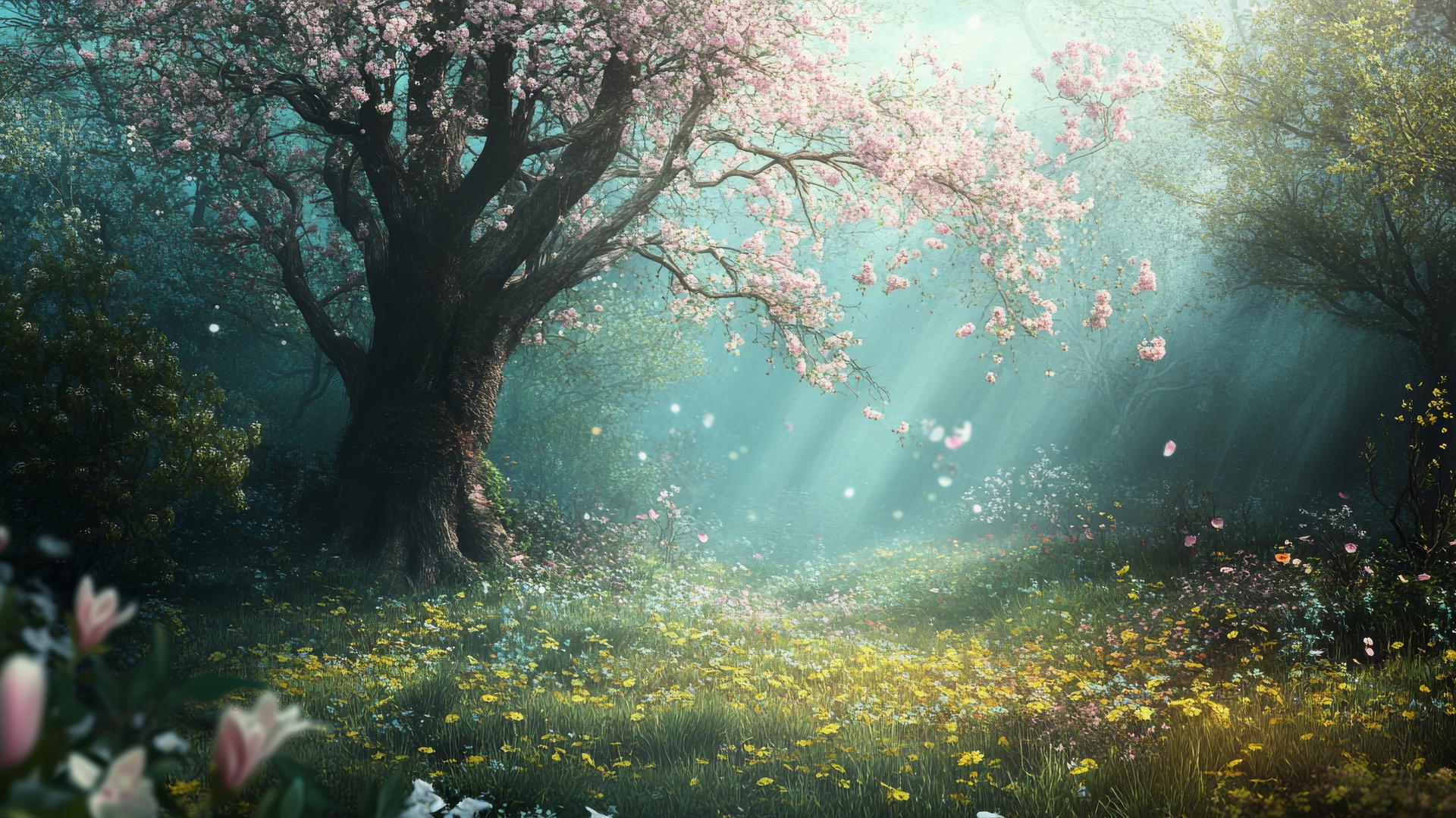 spring wallpaper with whimsical fairy-tale forest, budding trees, and flowers