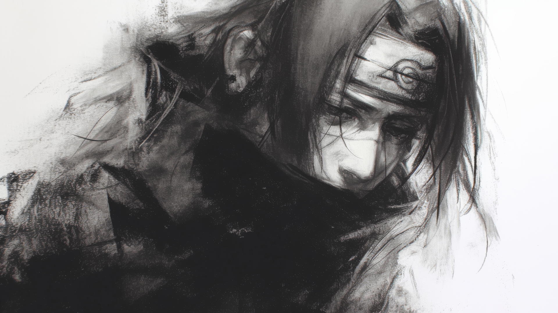Itachi Uchiha drawing with soft shading and smudging creating a dark, moody atmosphere.