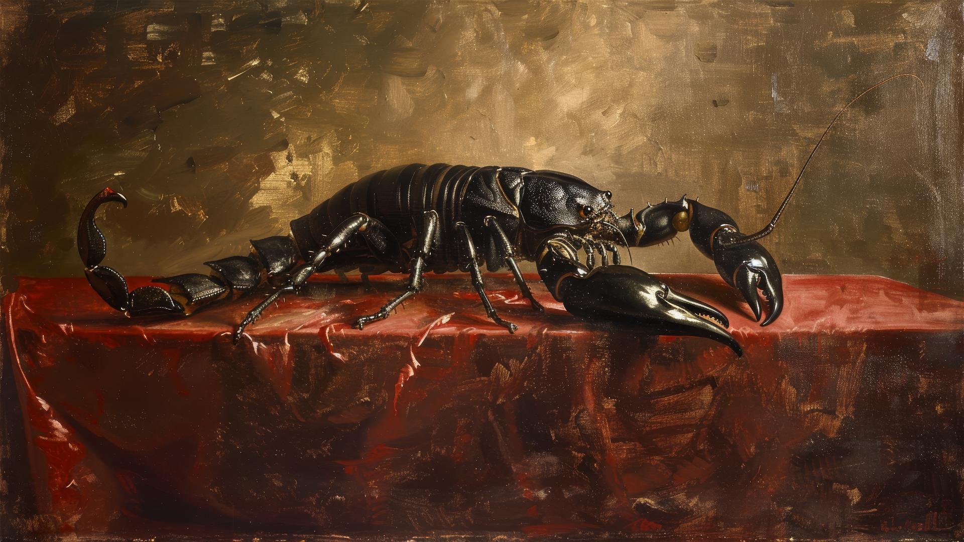 Baroque-style black scorpion on red velvet by Murillo