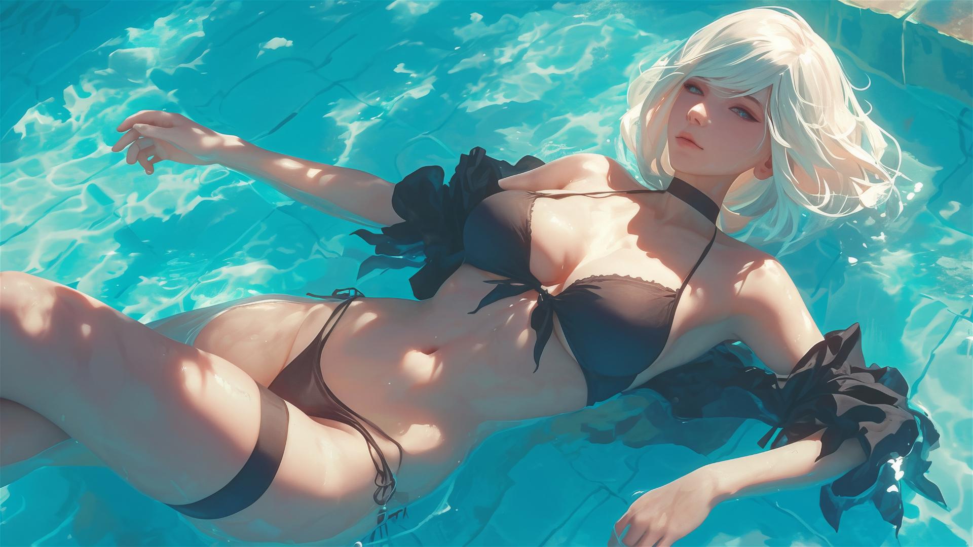 2B from Nier resting by the pool under moonlight