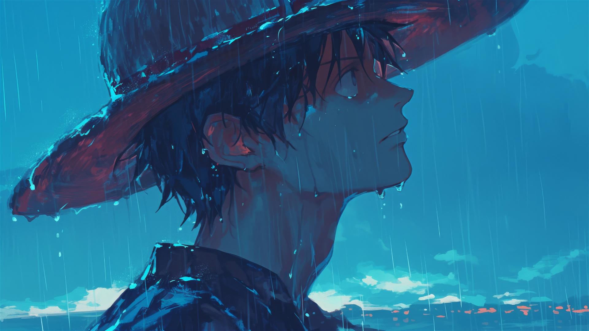 Luffy obscured by wet hat at foggy harbor