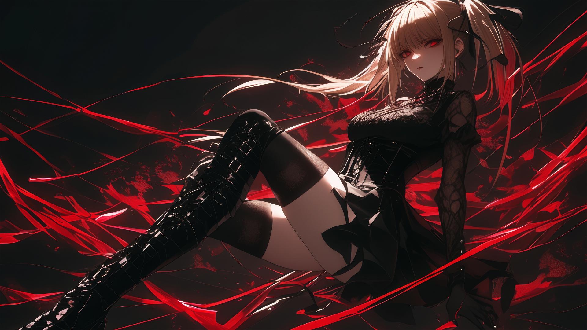 Misa Amane from Death Note with red eyes in a dynamic pose on a dark background