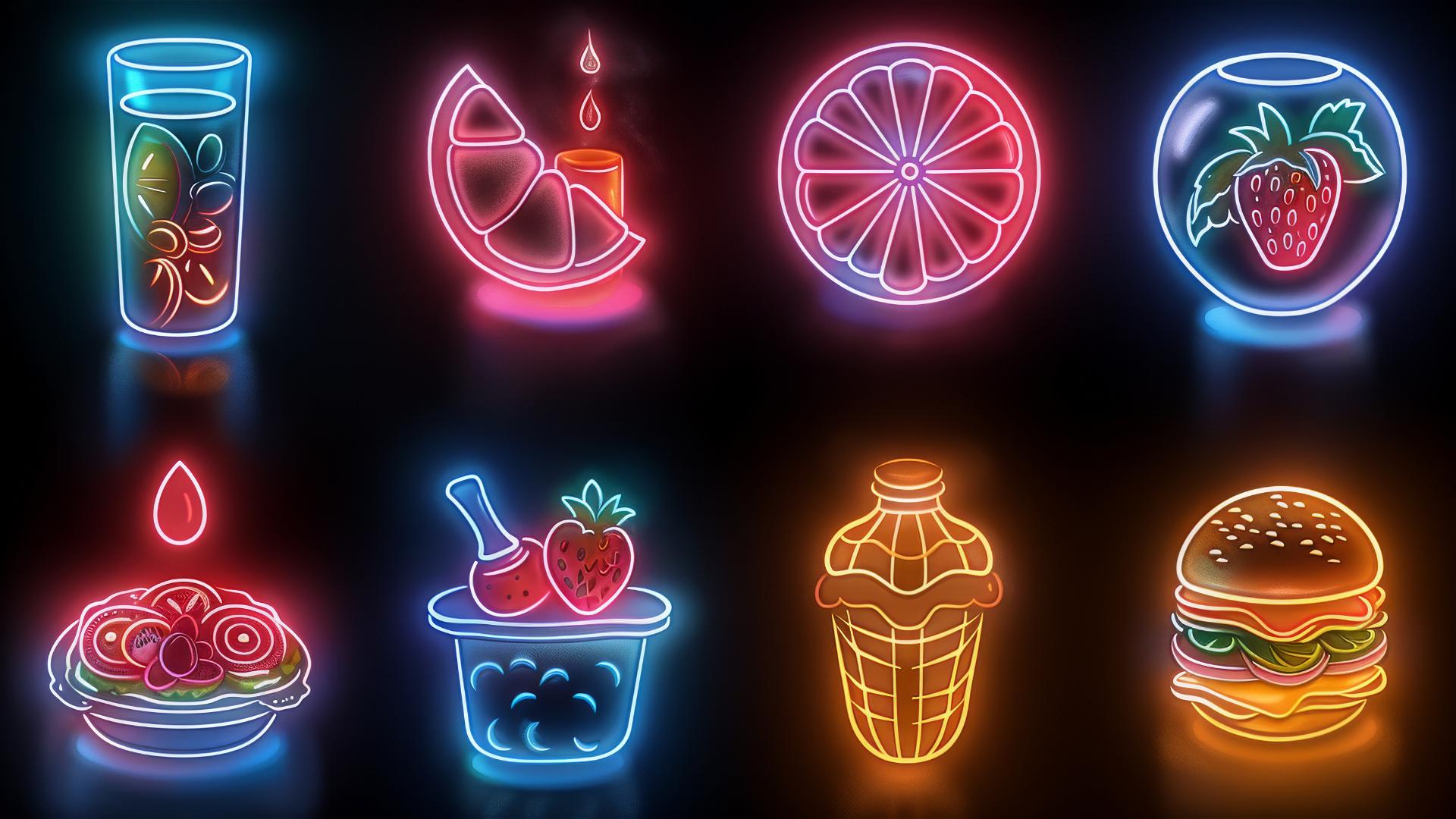 Colorful frosted glass food icons on dark background